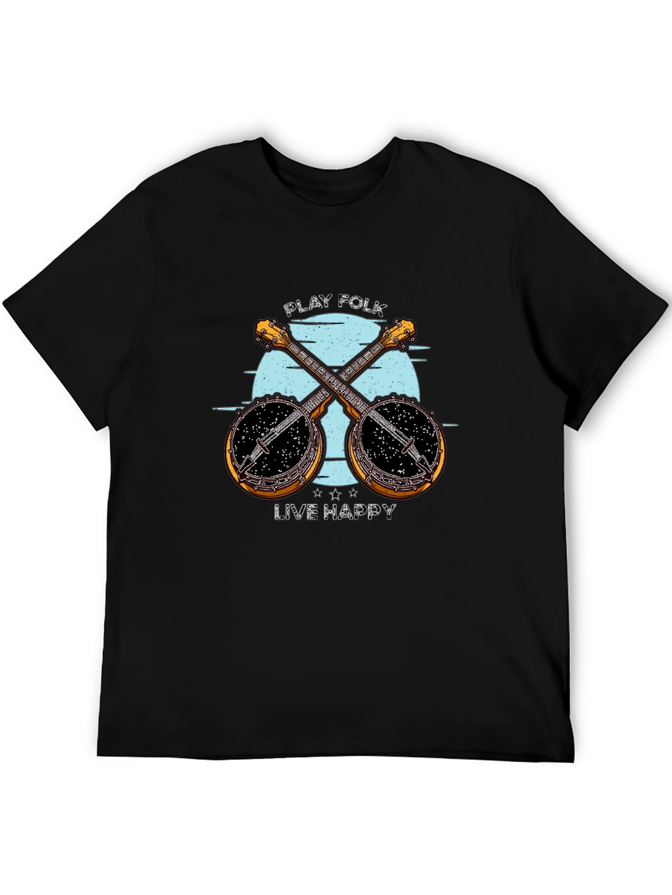 Play Folk Live Happy Banjo Graphic Tee - Black Cotton T-Shirt