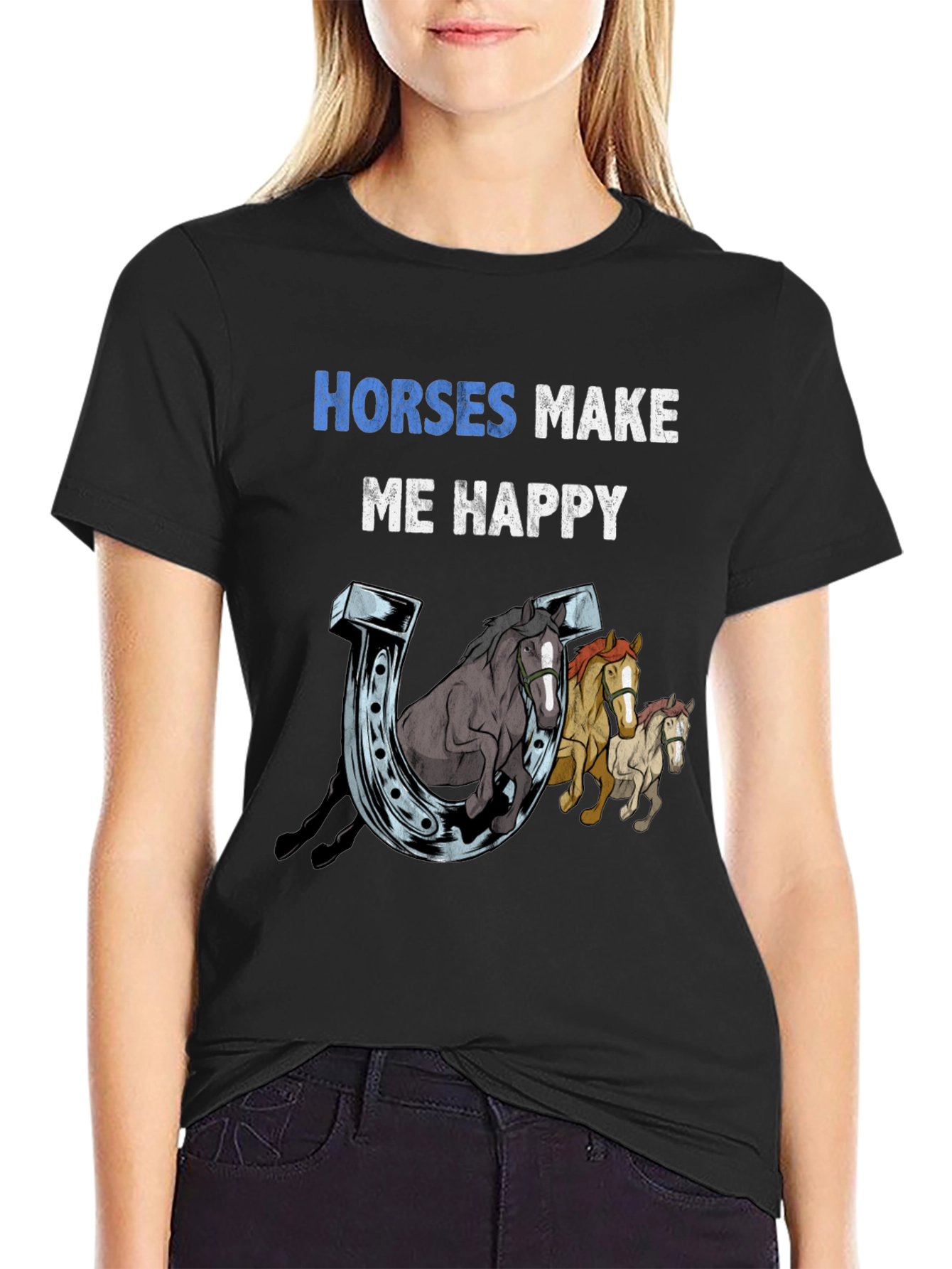 Horses Make Me Happy T-Shirt Horseshoe Graphic Tee