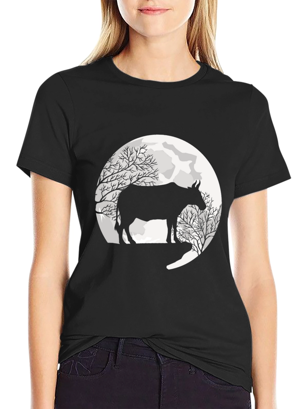 Cow Moon Graphic Black T-Shirt