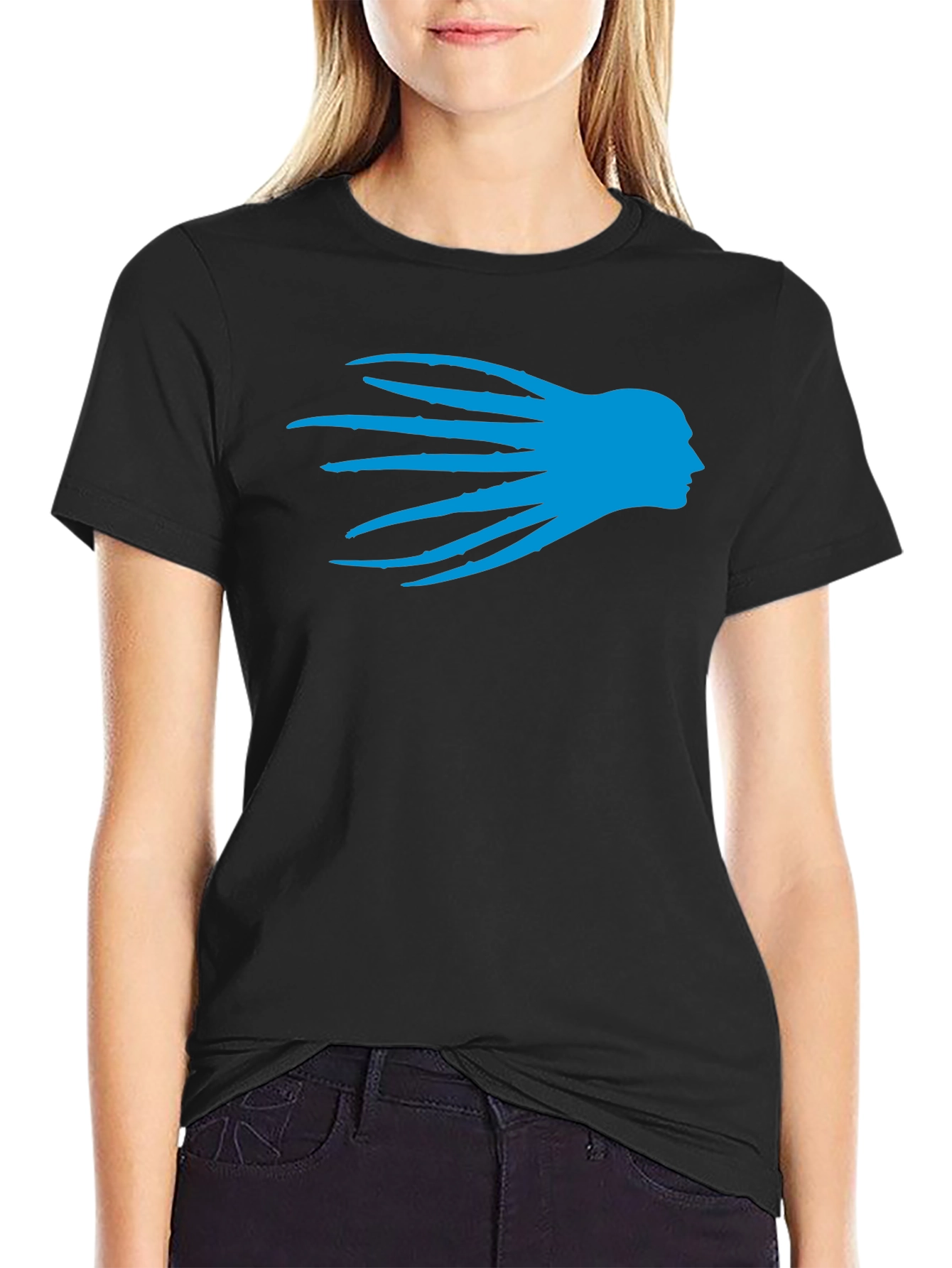 Black T-Shirt with Blue Head Silhouette Graphic