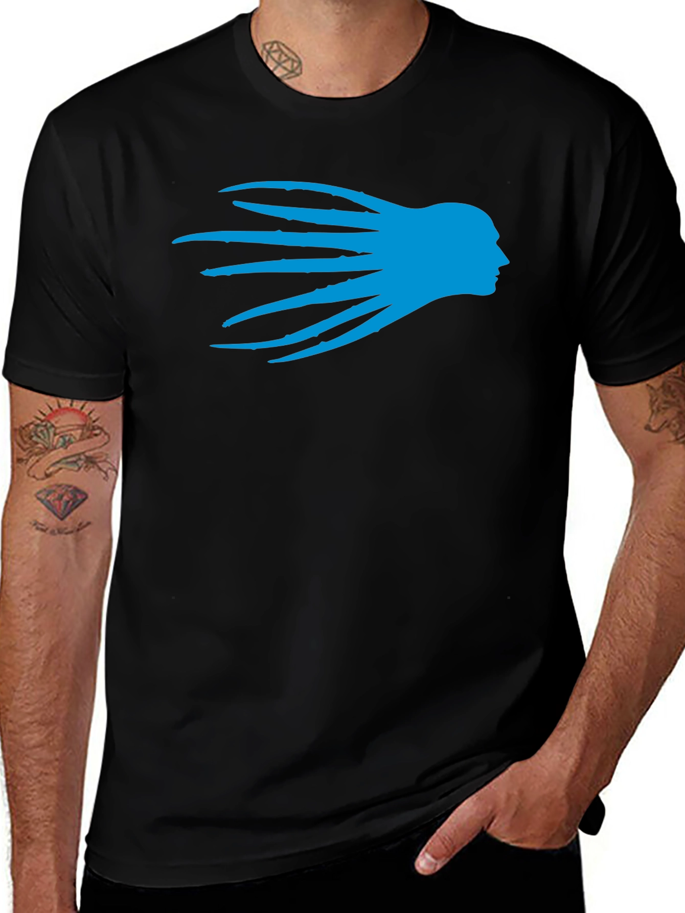 Black T-Shirt with Blue Head Silhouette Graphic