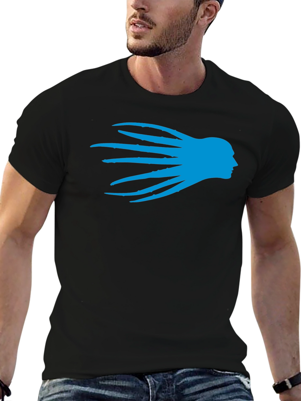 Black T-Shirt with Blue Head Silhouette Graphic