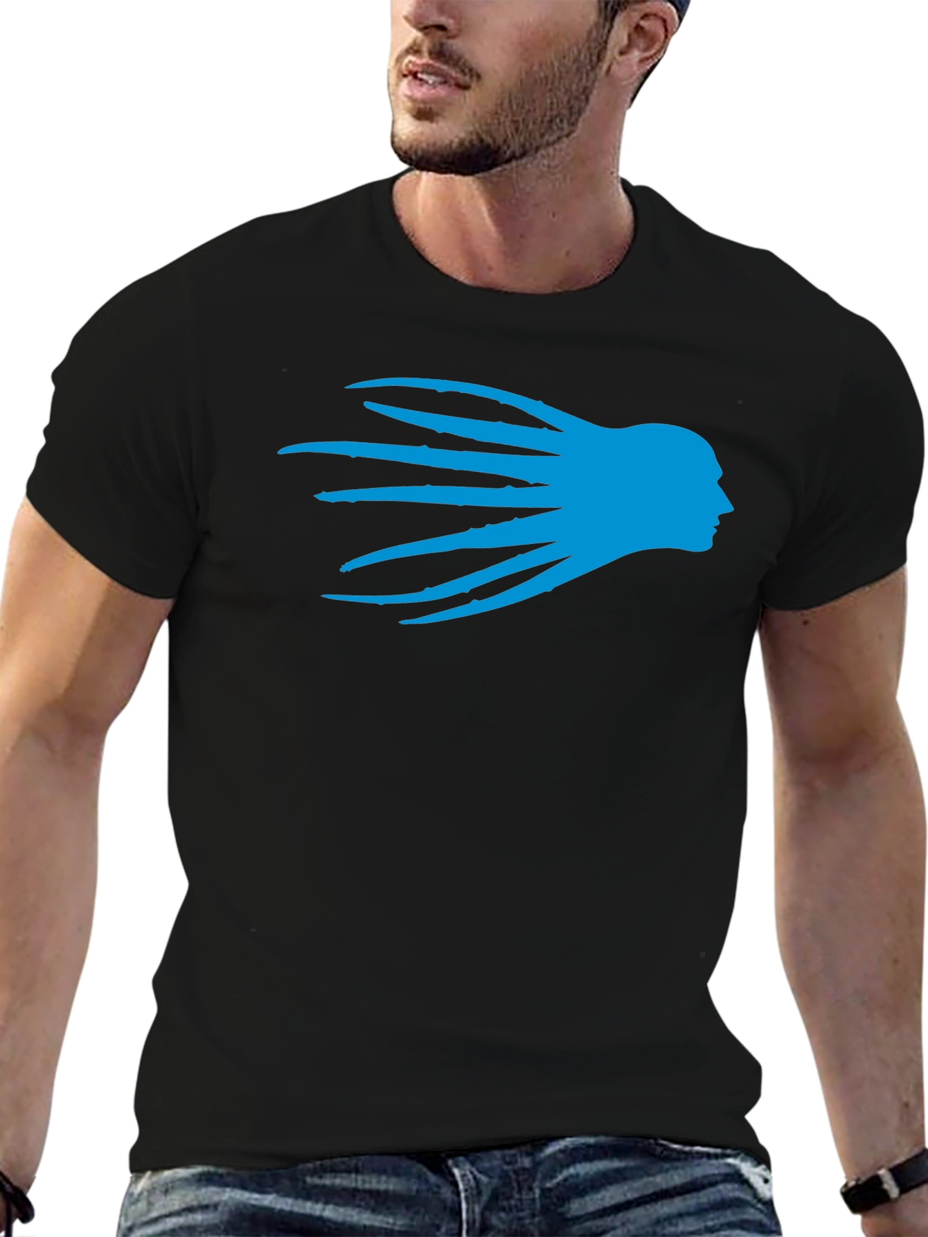 Black T-Shirt with Blue Head Silhouette Graphic