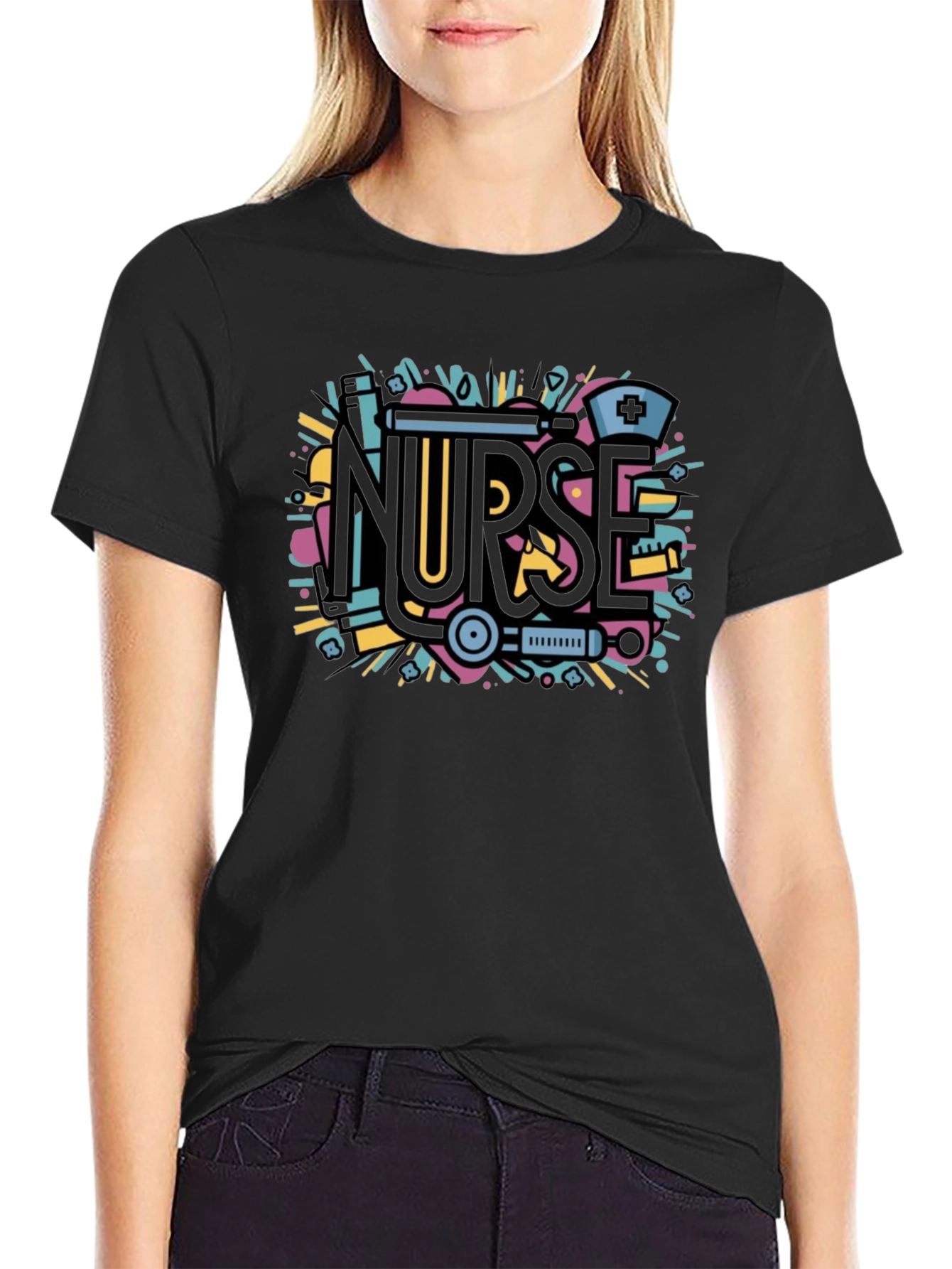 Nurse Graphic Tee - Black Cotton Blend Shirt