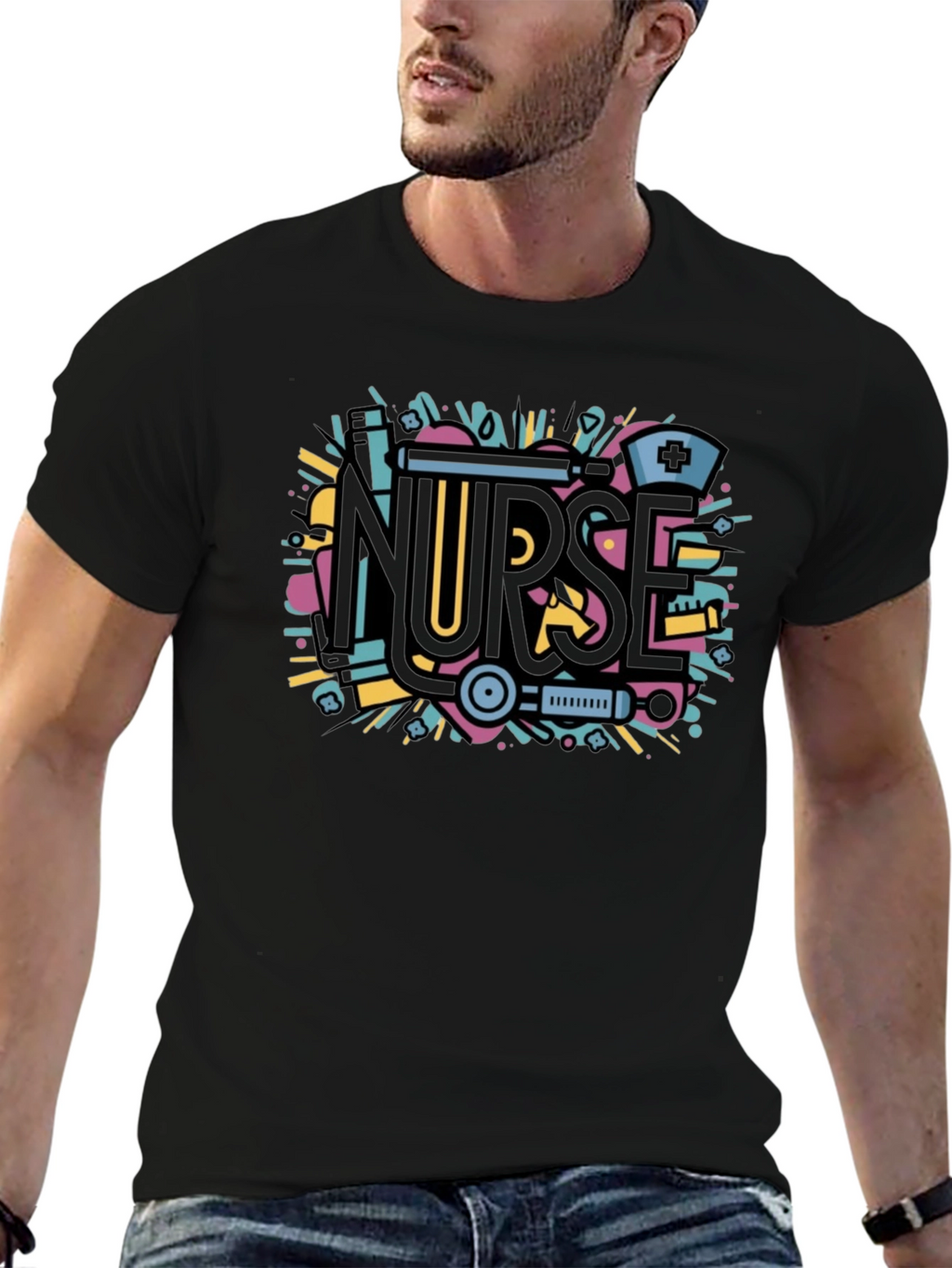 Nurse Graphic Tee - Black Cotton Blend Shirt