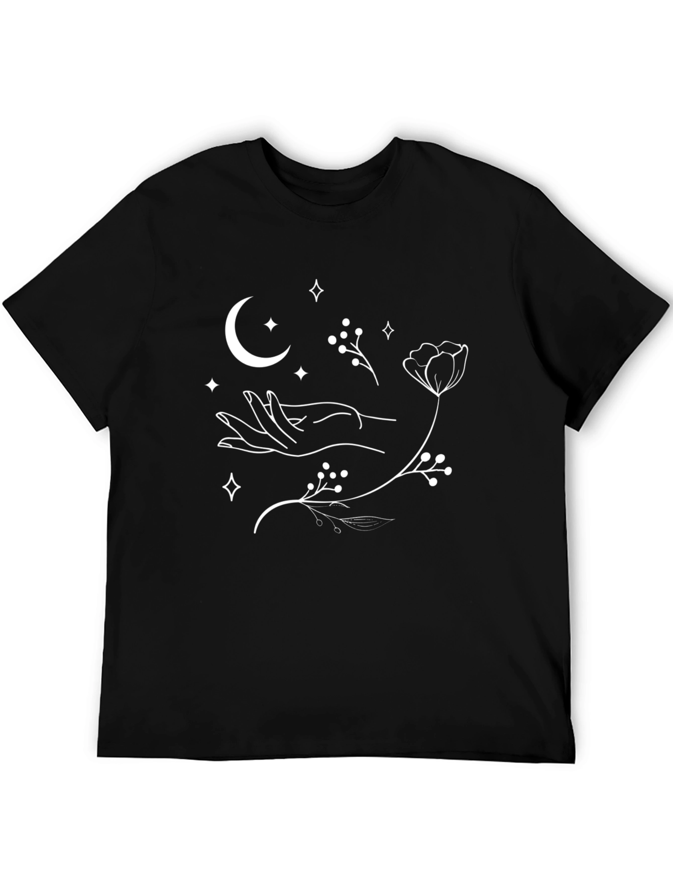 Mystic Moon & Floral Graphic Tee - Black Cotton Comfort