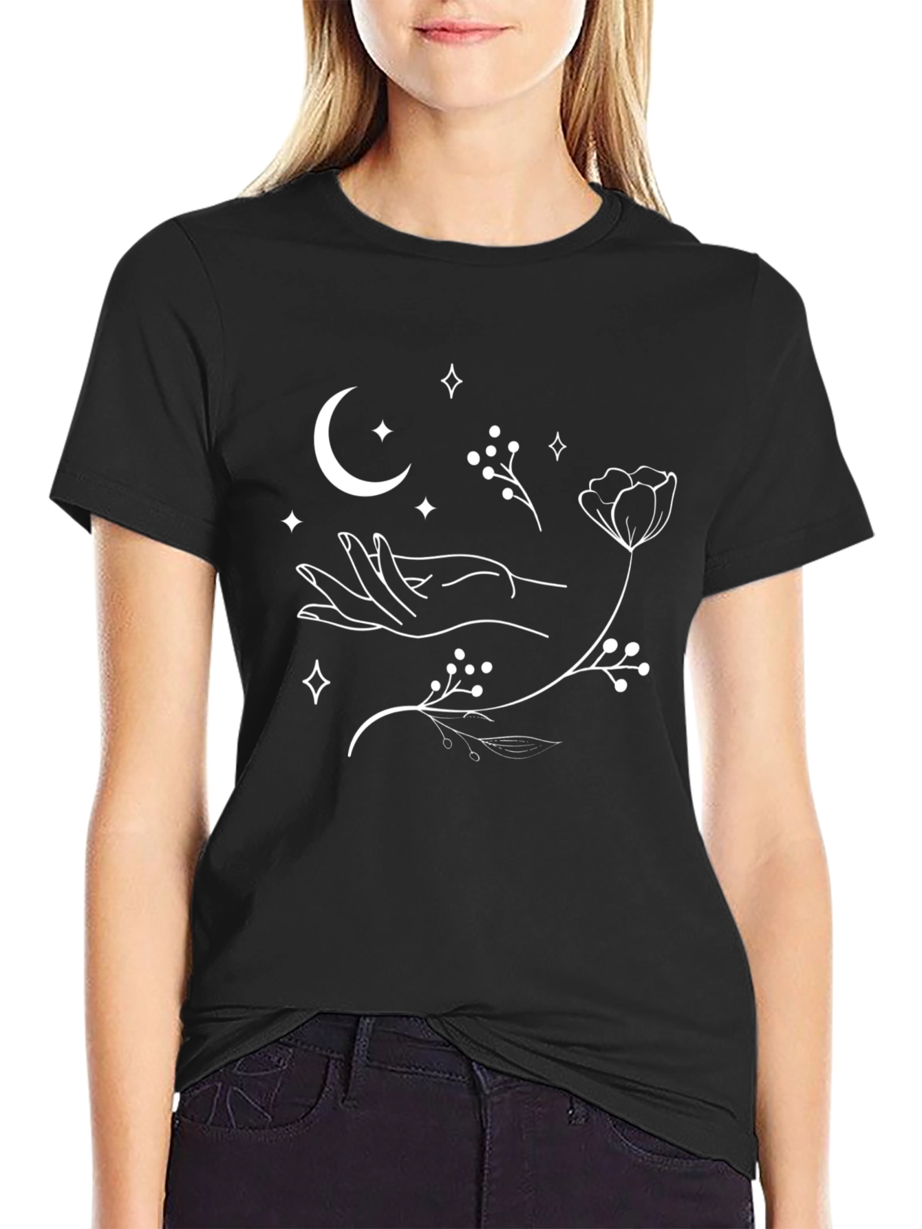 Mystic Moon & Floral Graphic Tee - Black Cotton Comfort
