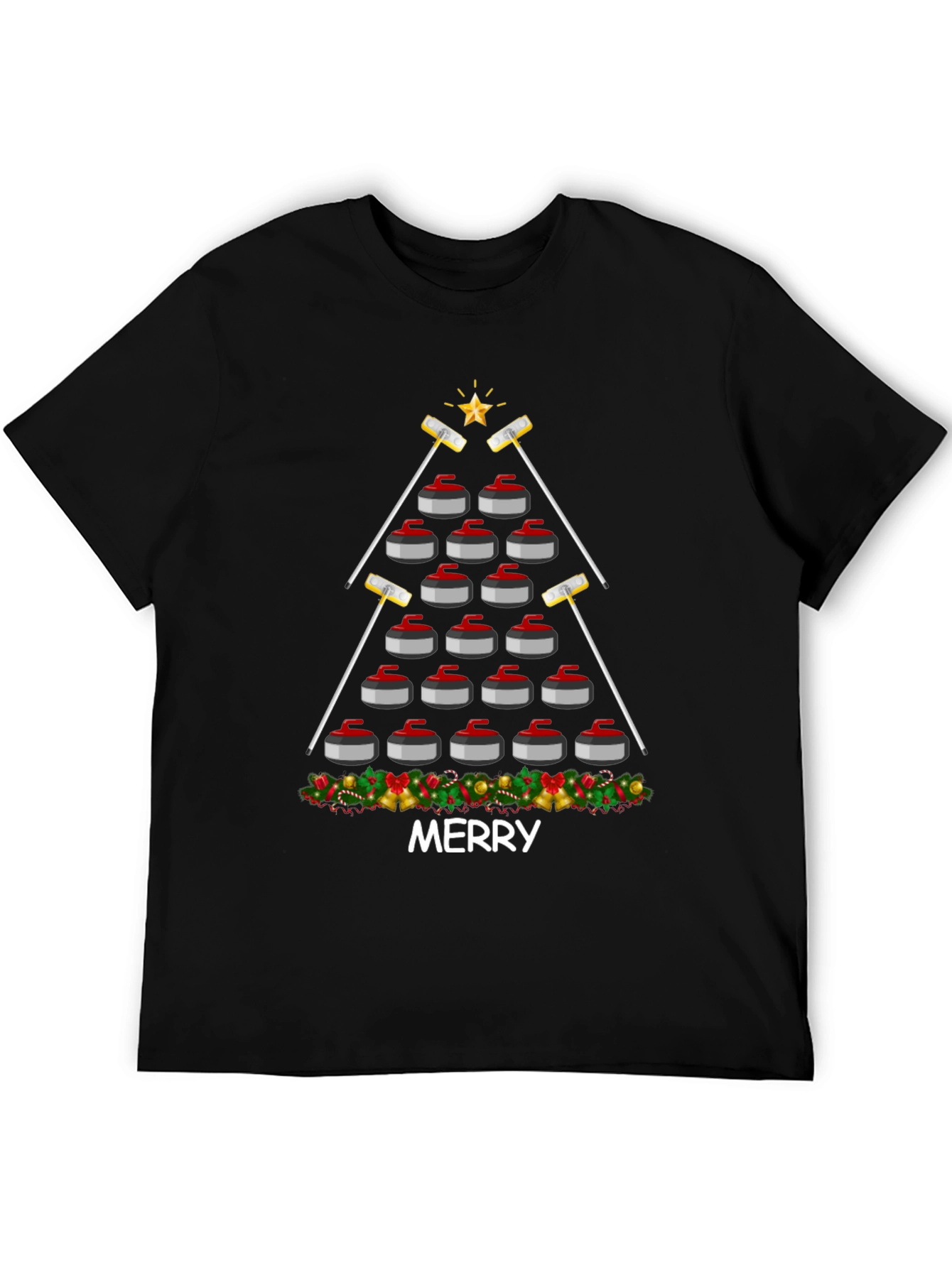 Festive Curling Stone Christmas Tree T-Shirt - Merry Holiday Tee