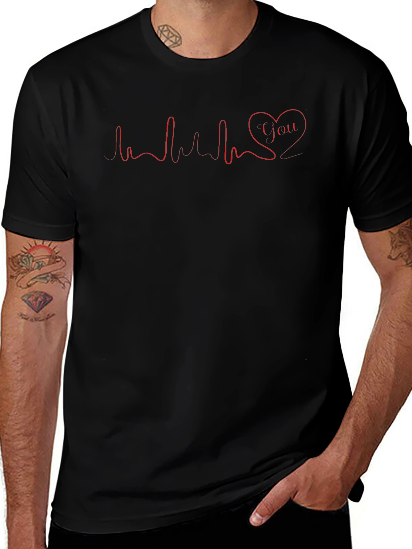 Heartbeat Love You Graphic Tee - Casual Black T-Shirt