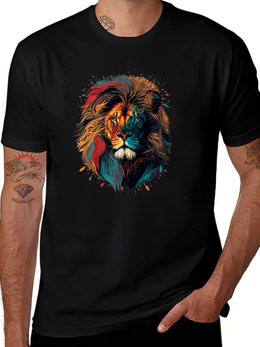 Vibrant Lion Graphic Print Black T-Shirt