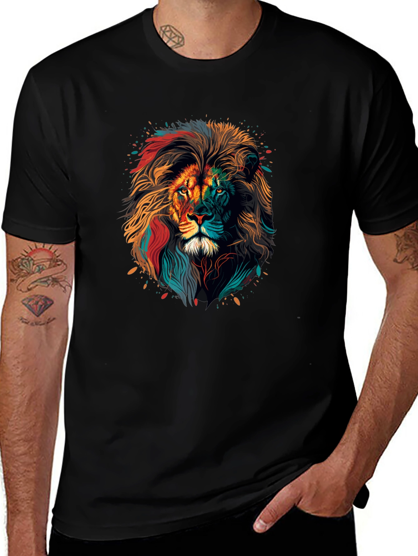 Vibrant Lion Graphic Print Black T-Shirt