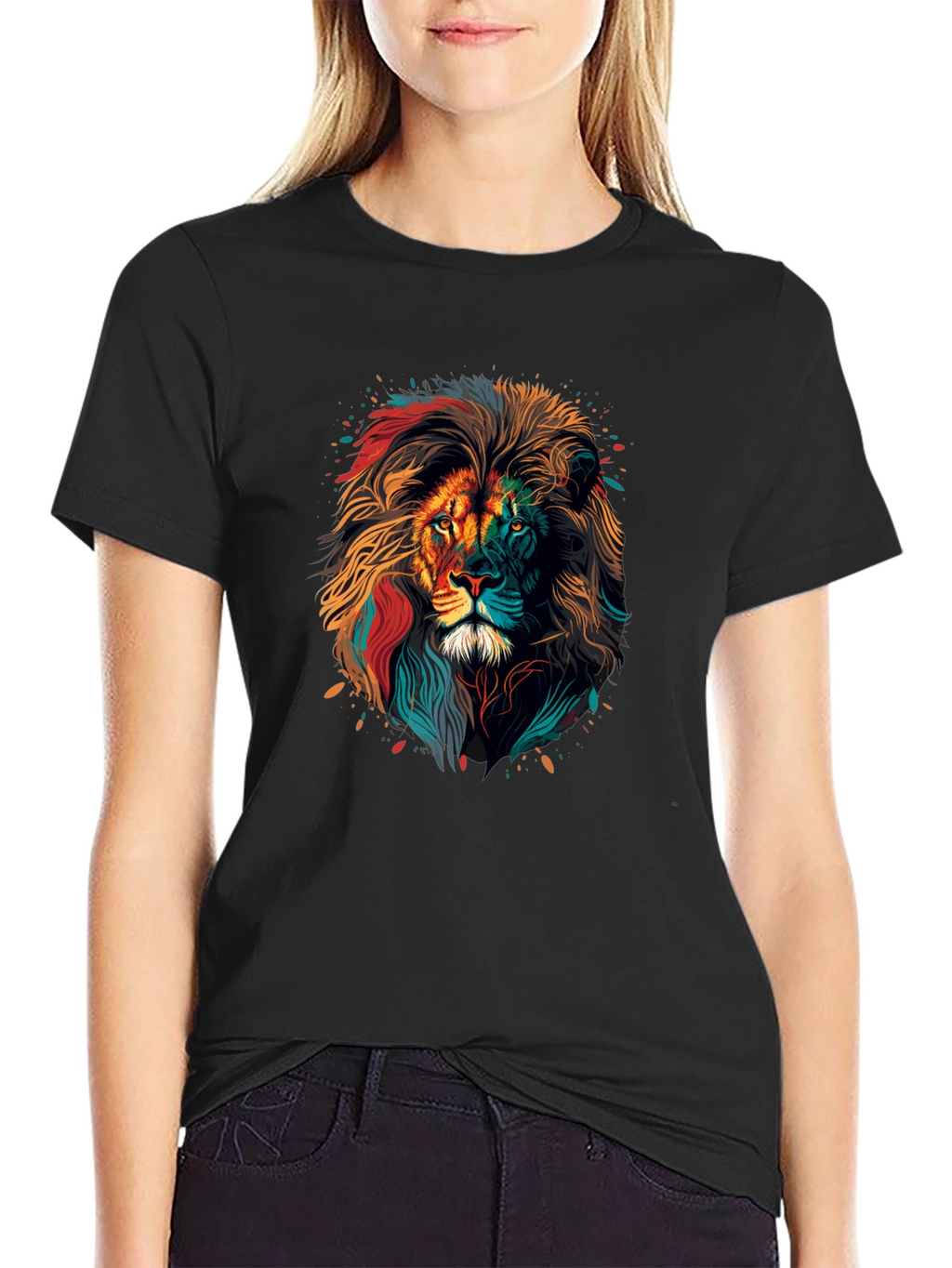 Vibrant Lion Graphic Print Black T-Shirt