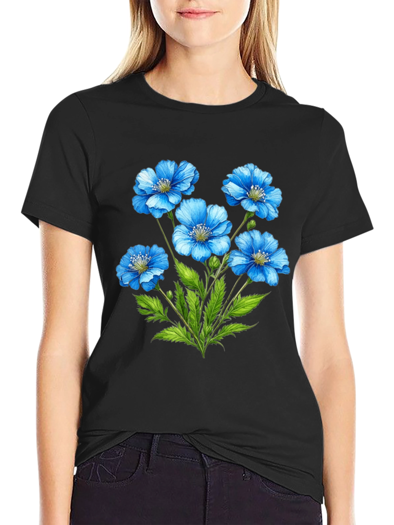 Floral Graphic T-Shirt - Blue Flower Design