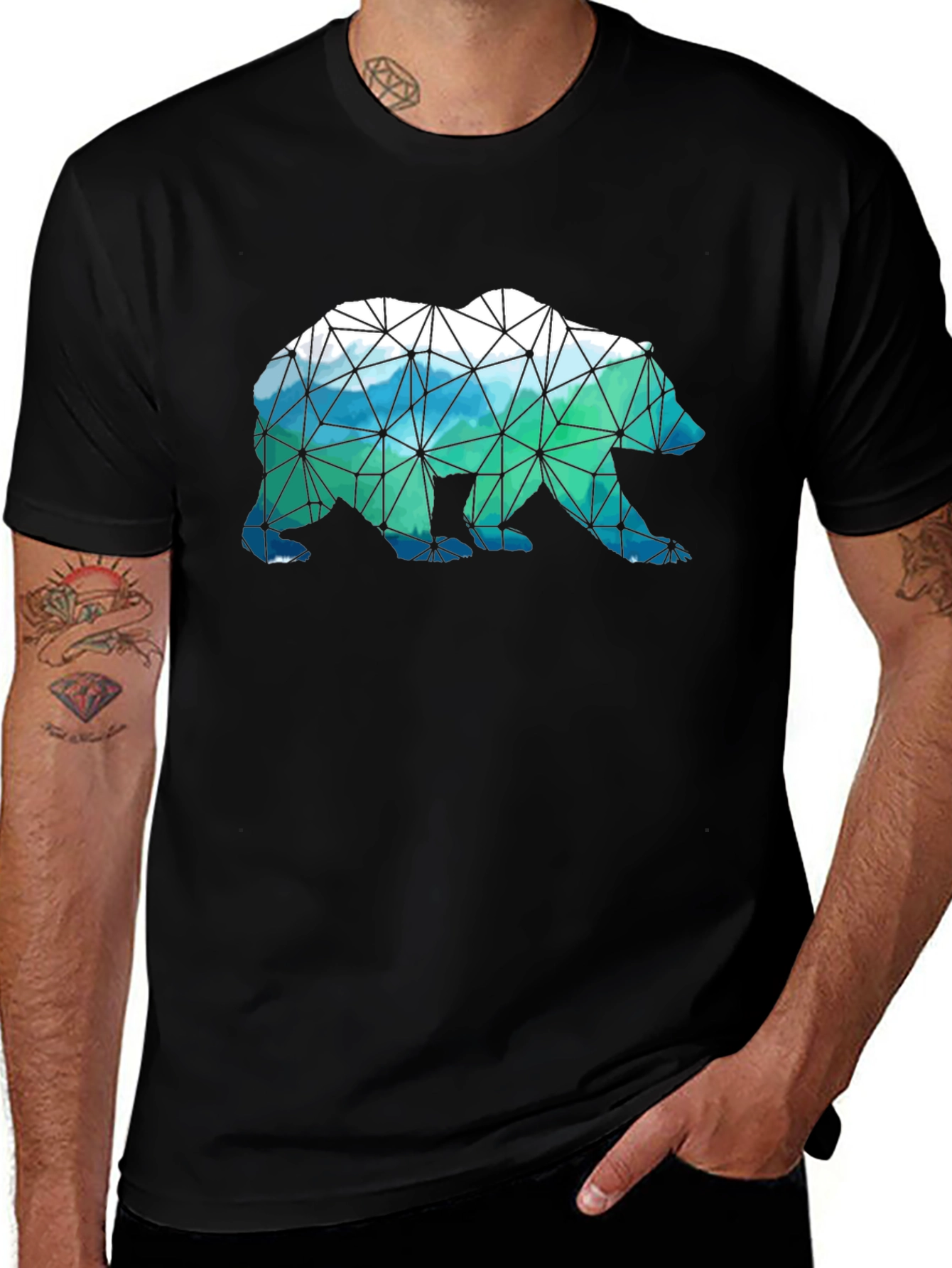 Geometric Bear Print Black T-Shirt