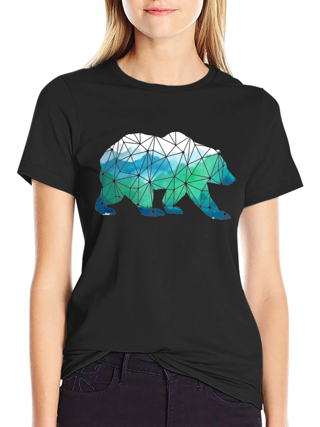 Geometric Bear Print Black T-Shirt