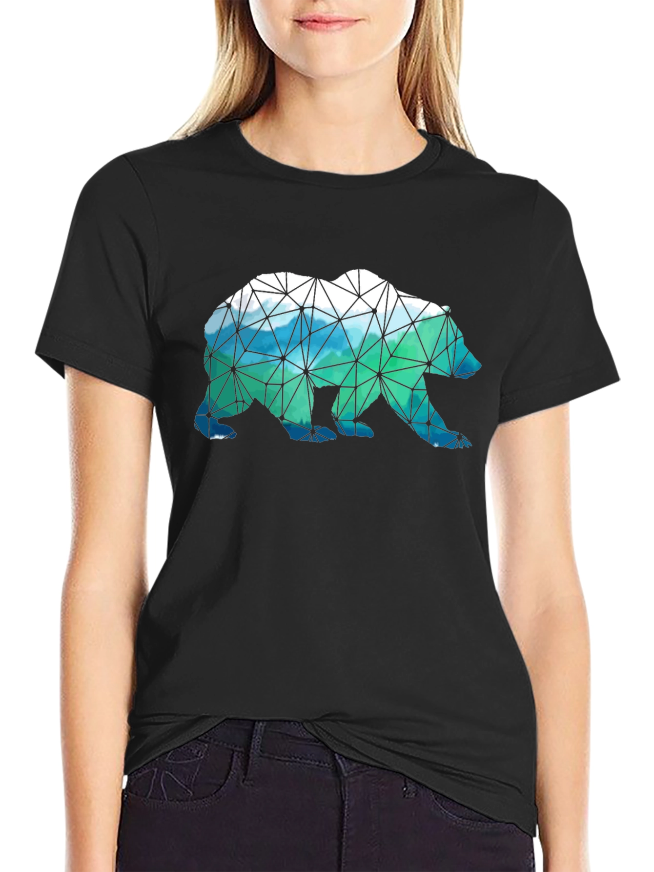 Geometric Bear Print Black T-Shirt