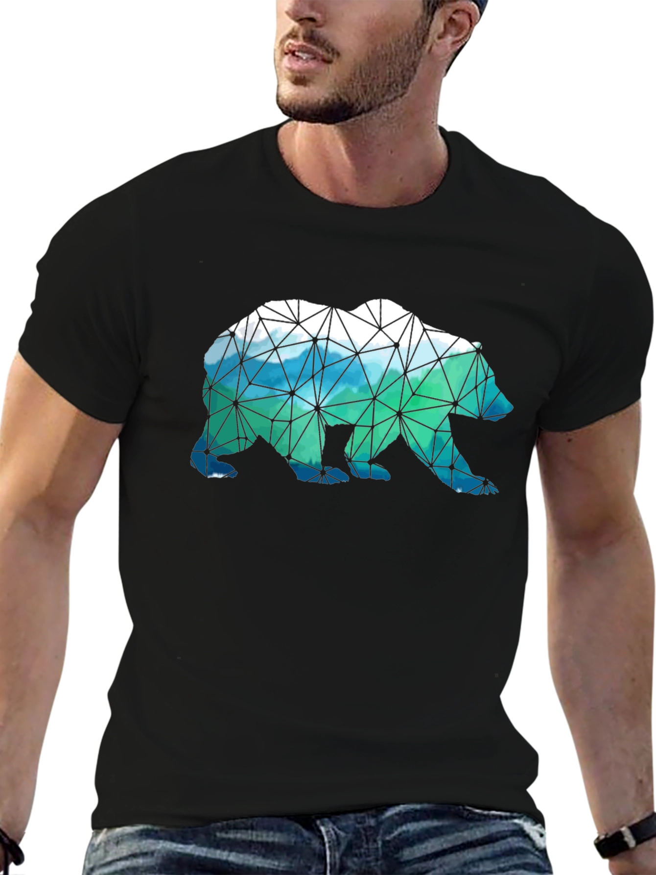 Geometric Bear Print Black T-Shirt