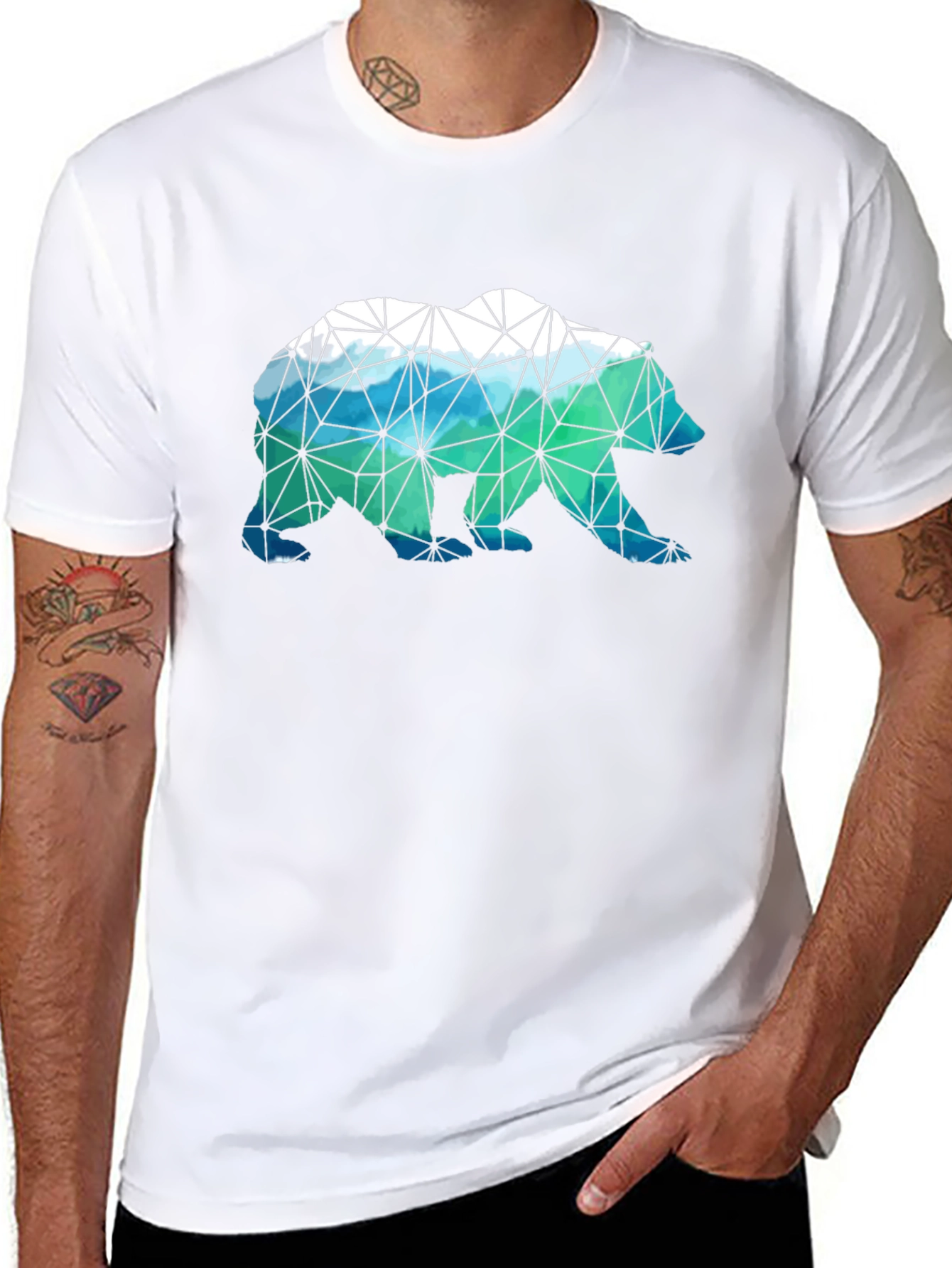 Geometric Bear Print Black T-Shirt