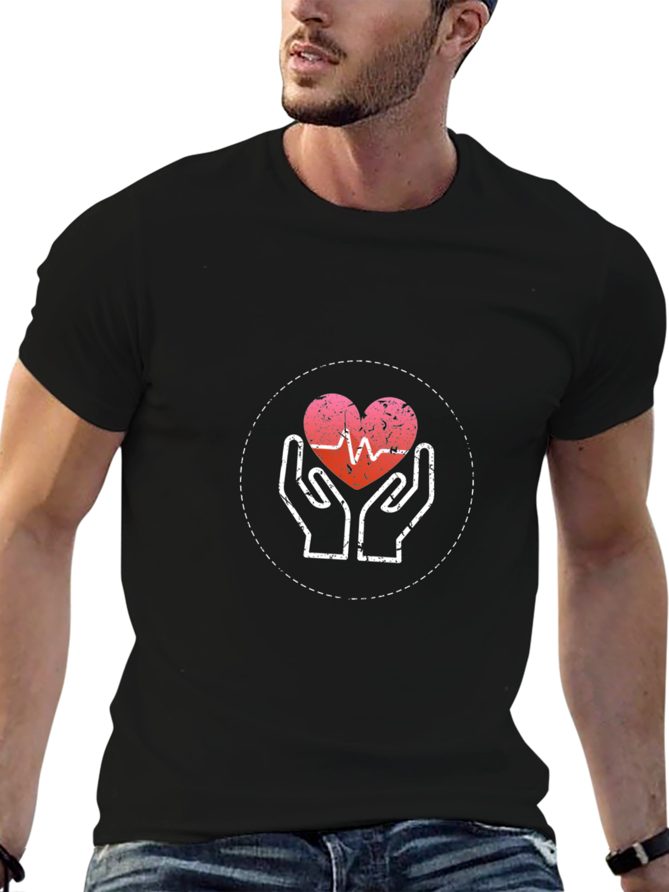 Heartbeat Hands Graphic Tee - Black Cotton Casual