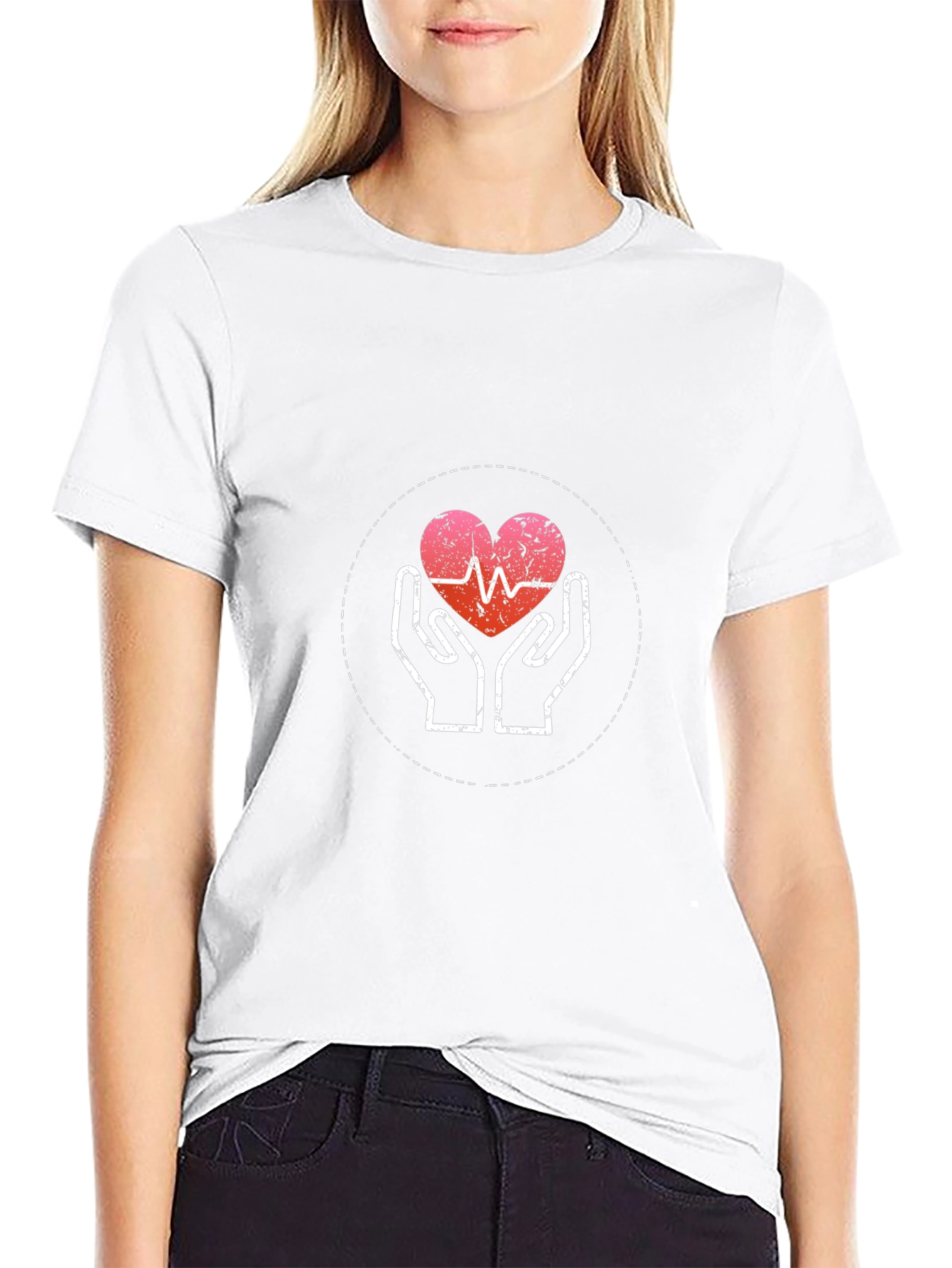 Heartbeat Hands Graphic Tee - Black Cotton Casual