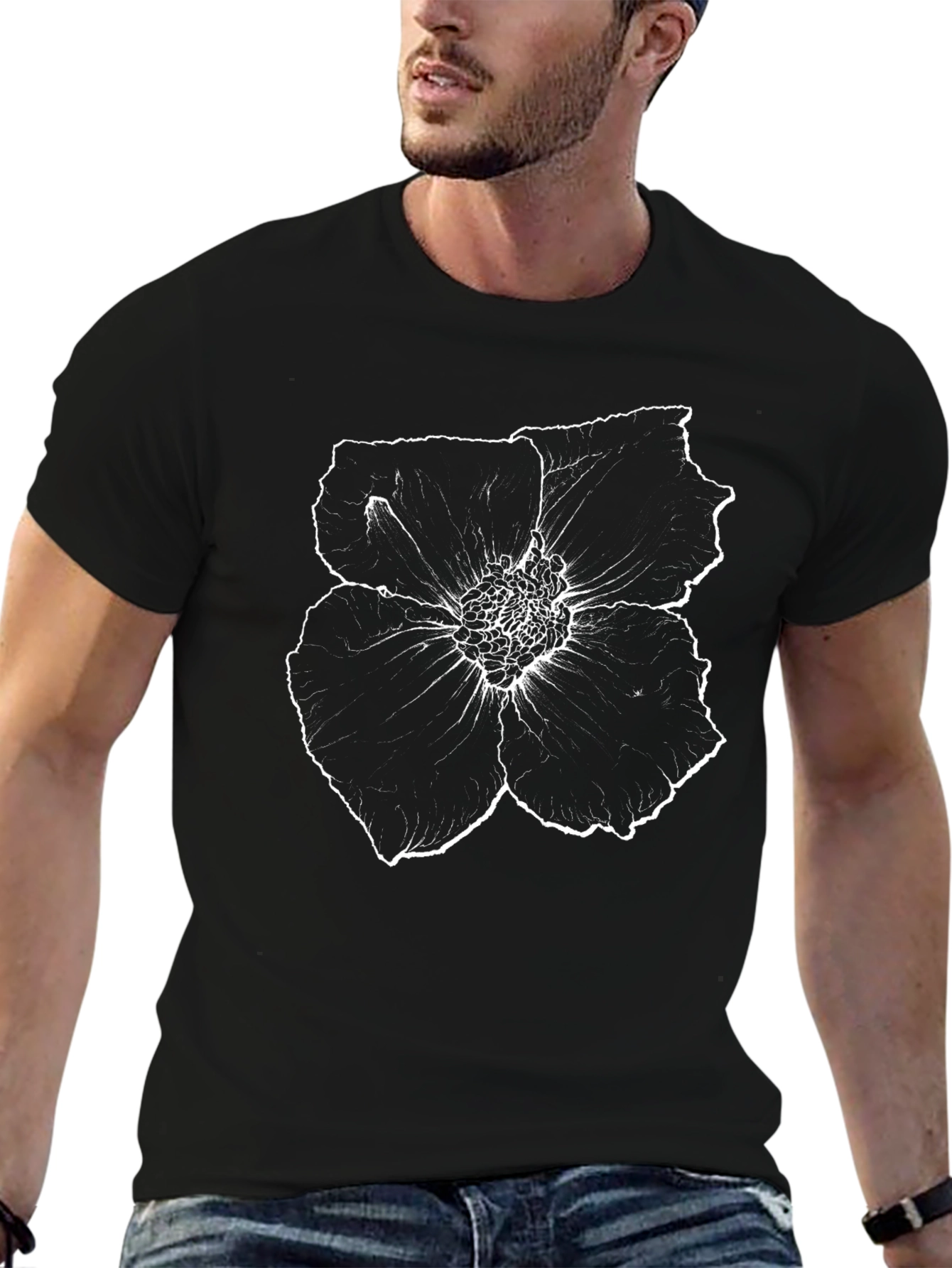 Black T-Shirt with White Floral Print