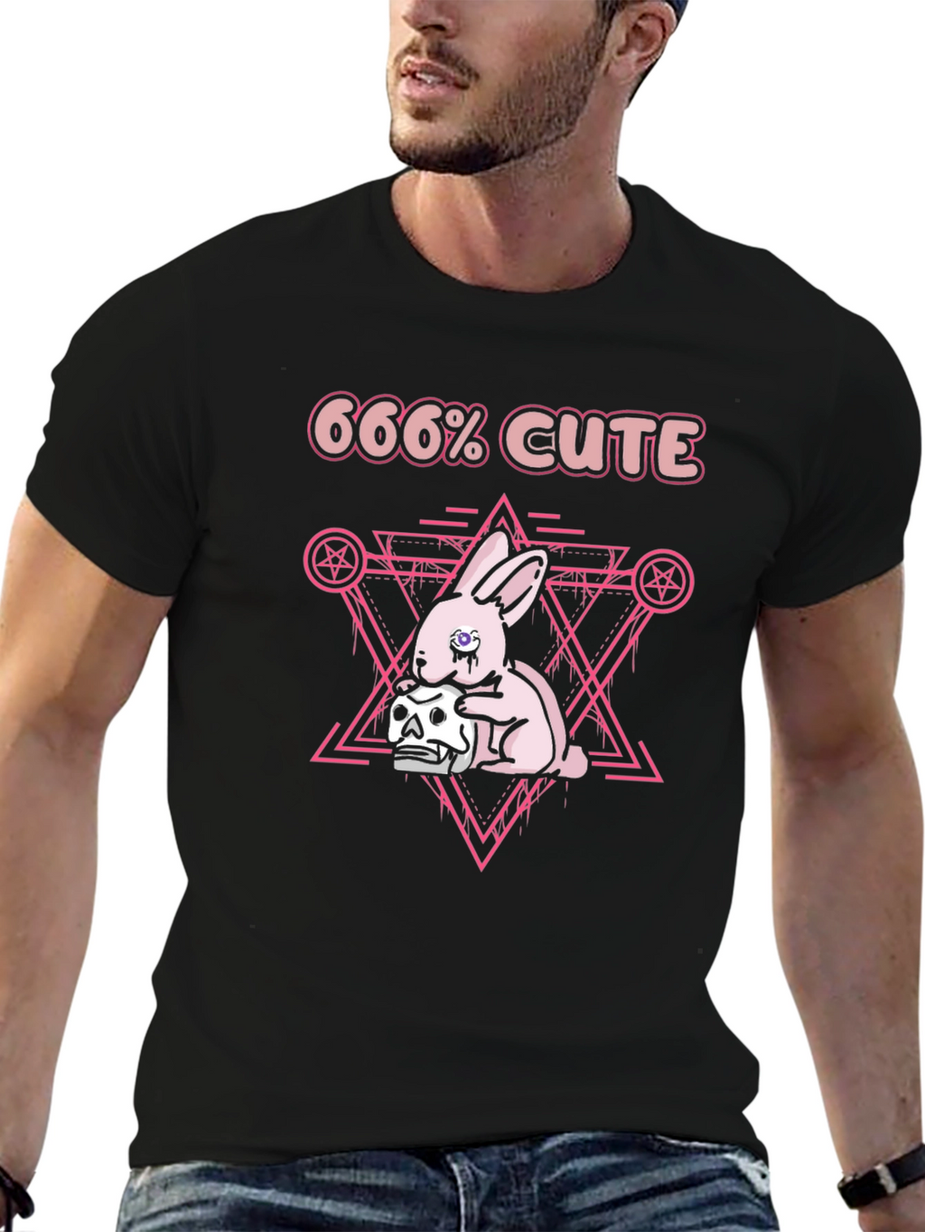 666% Cute Pink Bunny Graphic Black T-Shirt