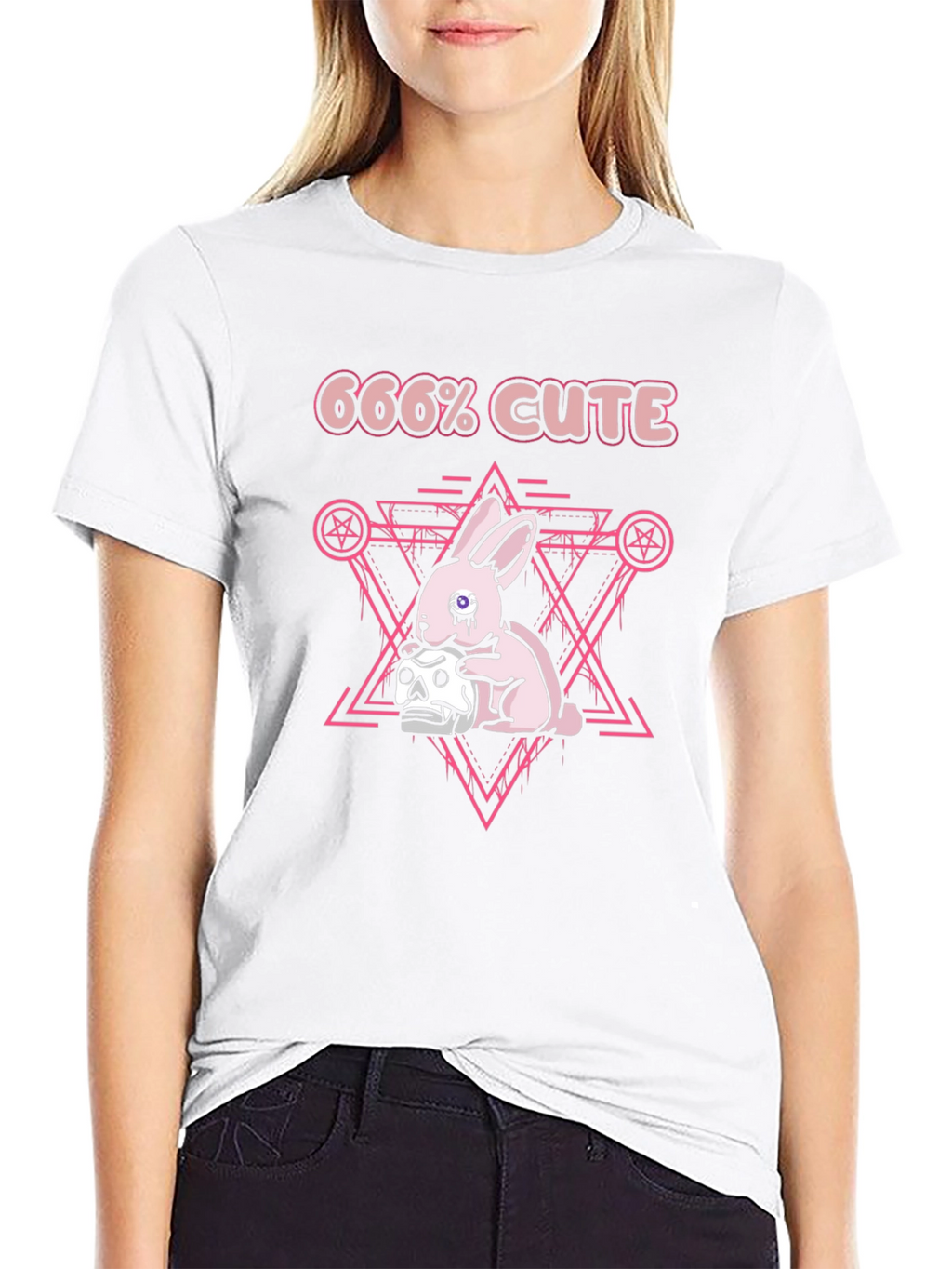 666% Cute Pink Bunny Graphic Black T-Shirt