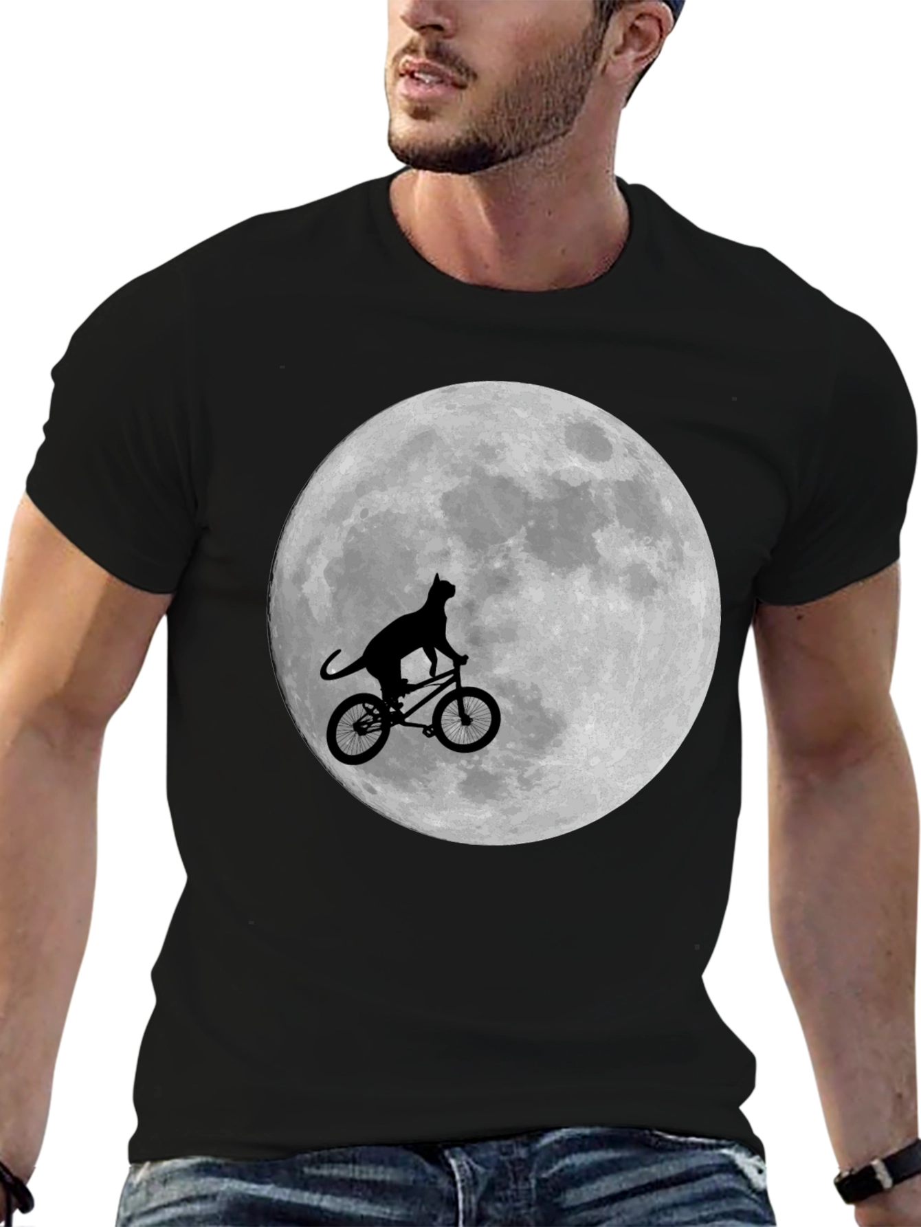Cat on Bike Moon Graphic T-Shirt