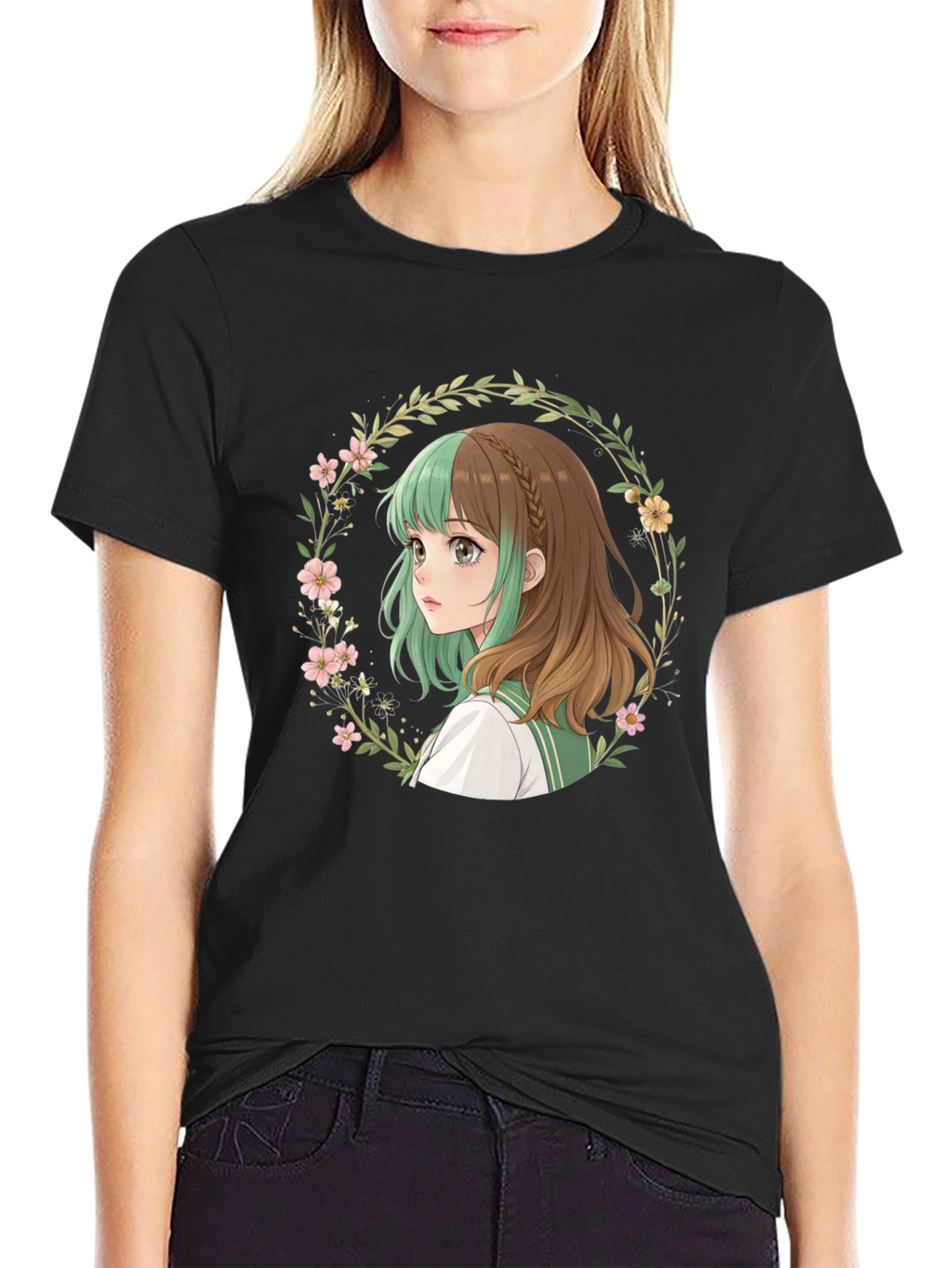 Anime Girl Floral Wreath Black T-Shirt