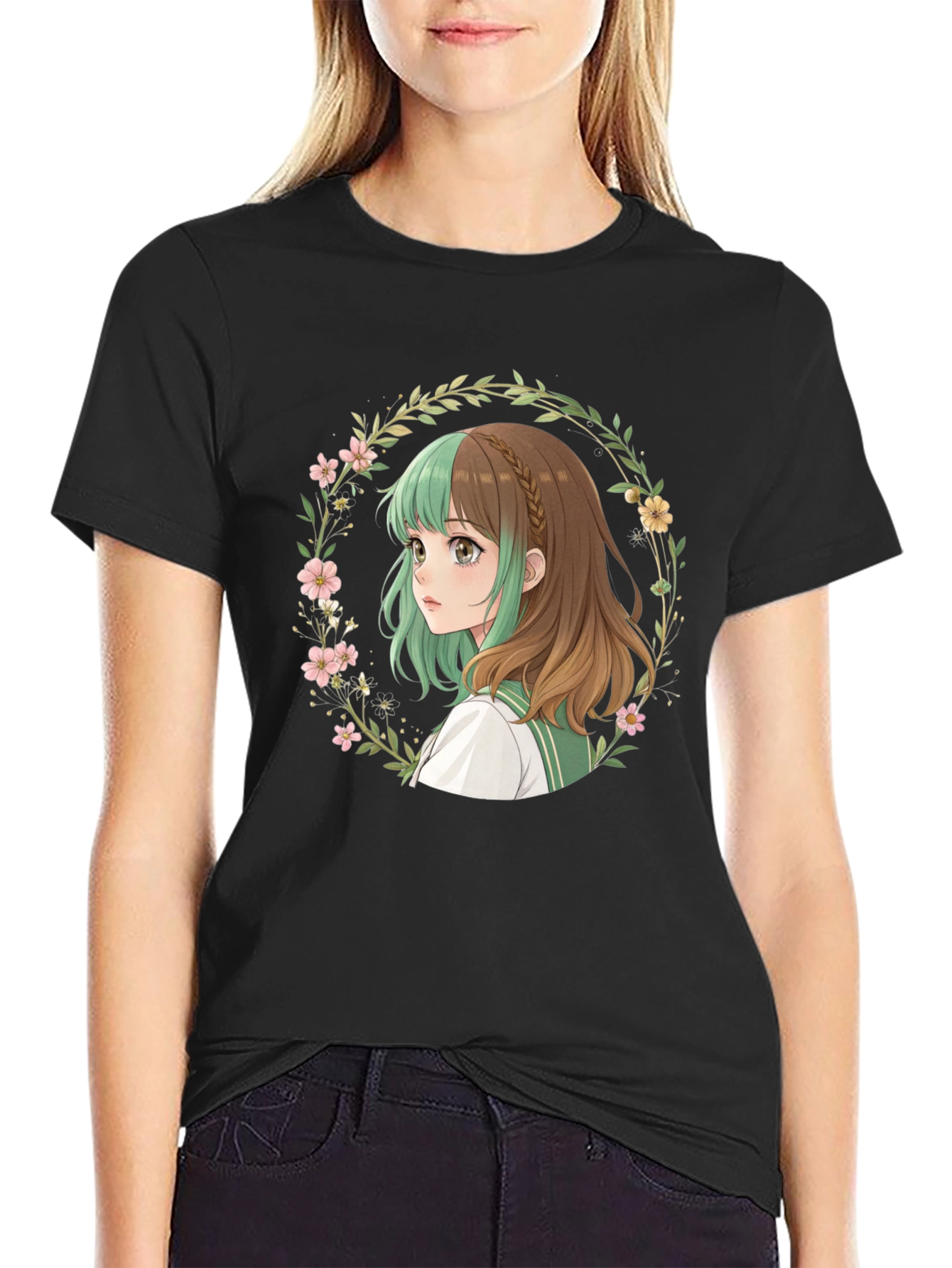 Anime Girl Floral Wreath Black T-Shirt