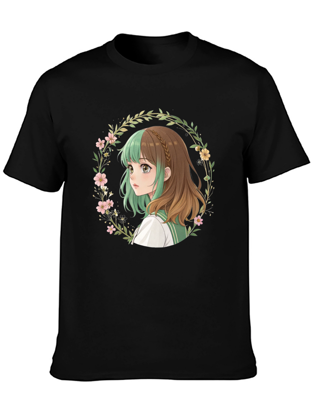 Anime Girl Floral Wreath Black T-Shirt