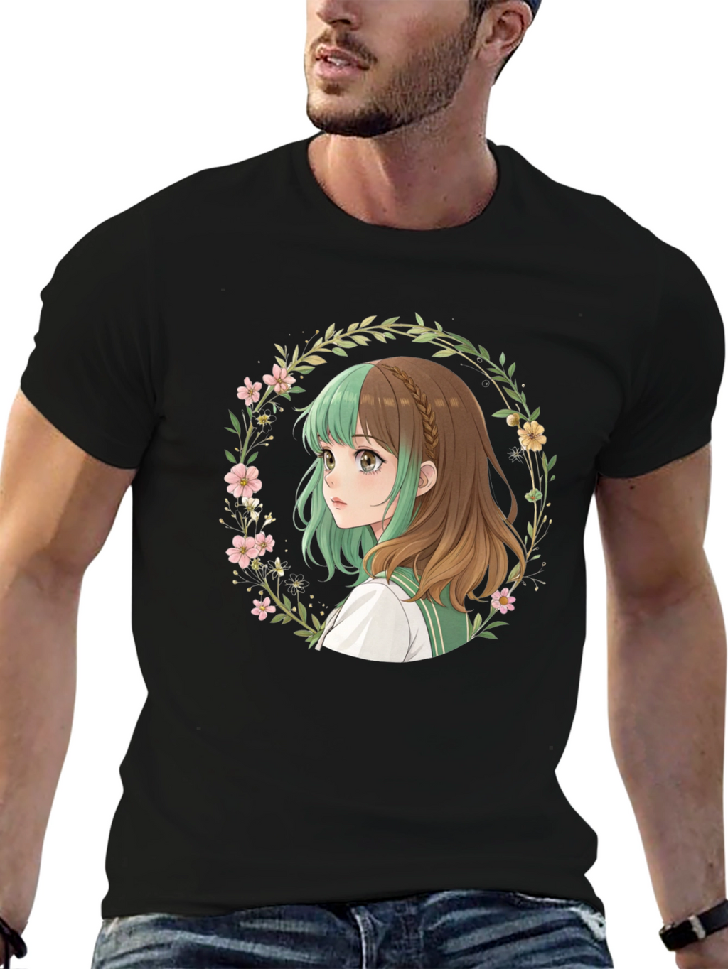 Anime Girl Floral Wreath Black T-Shirt