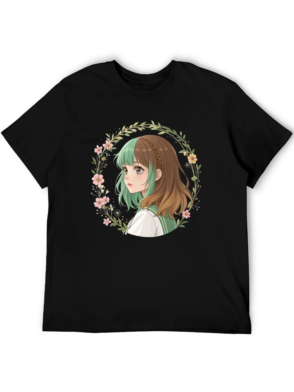 Anime Girl Floral Wreath Black T-Shirt