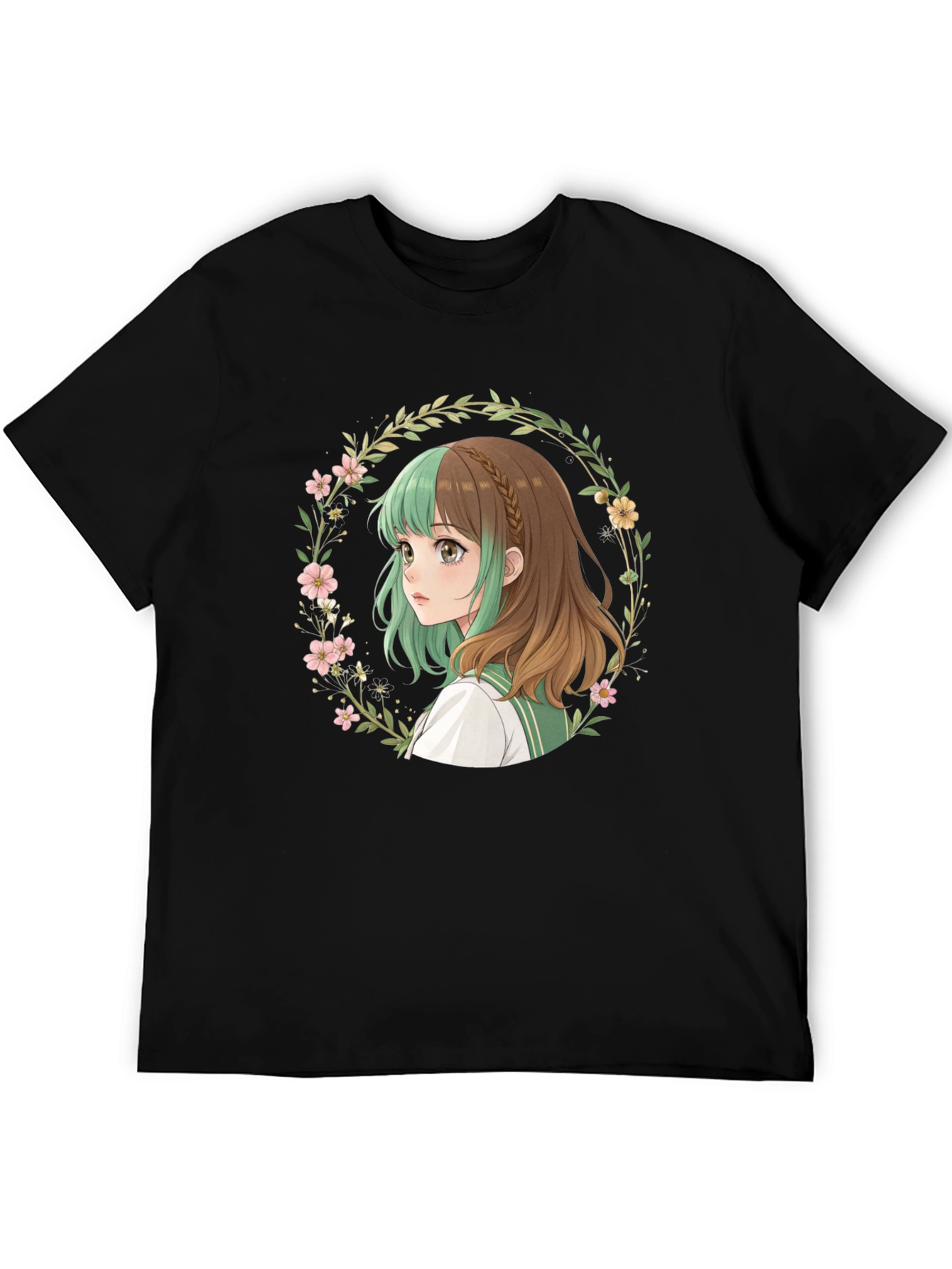 Anime Girl Floral Wreath Black T-Shirt
