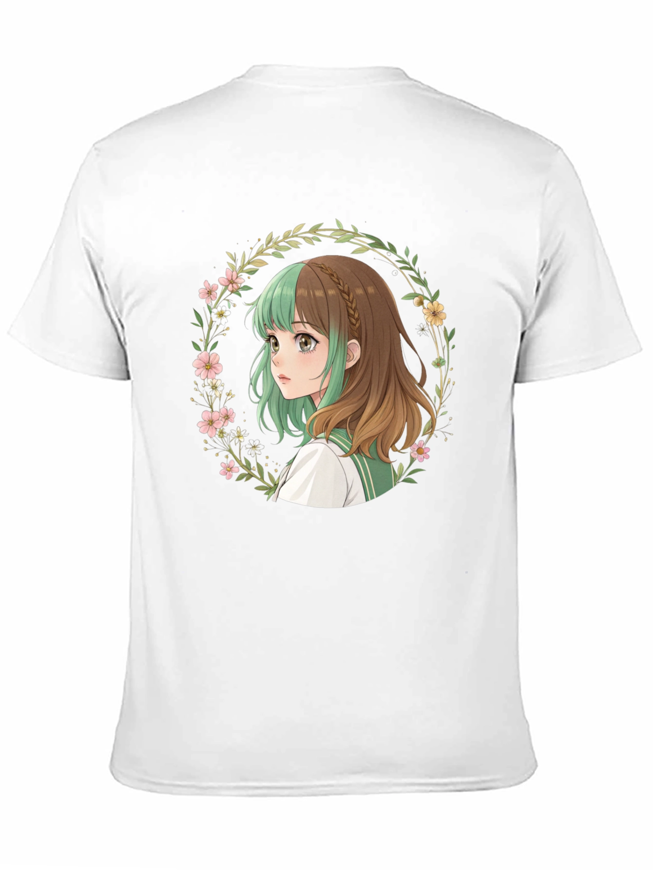 Anime Girl Floral Wreath Black T-Shirt