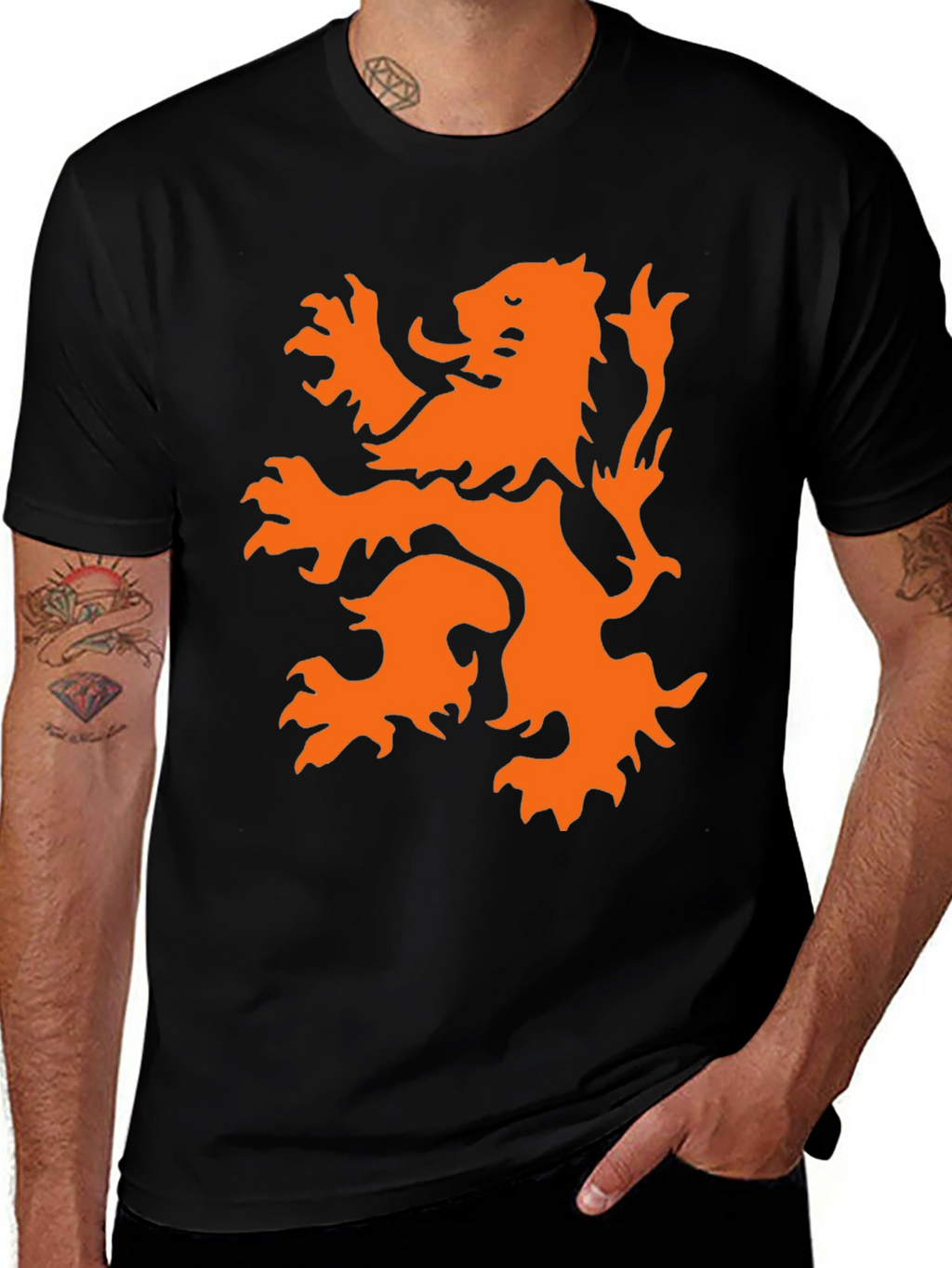 Black T-Shirt with Orange Lion Graphic