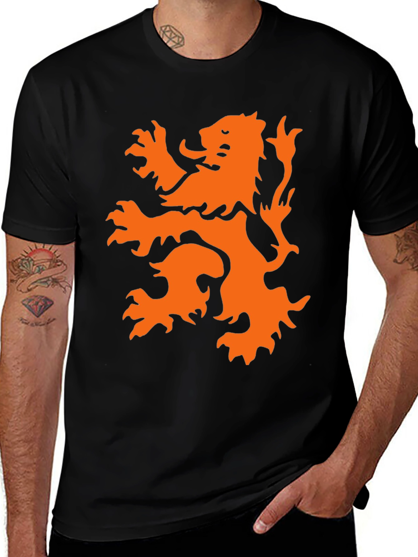 Black T-Shirt with Orange Lion Graphic