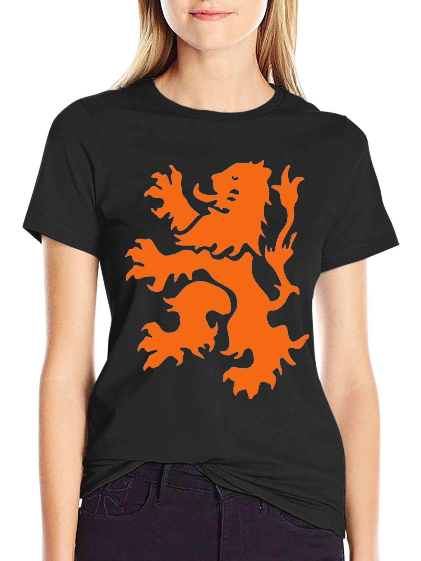 Black T-Shirt with Orange Lion Graphic