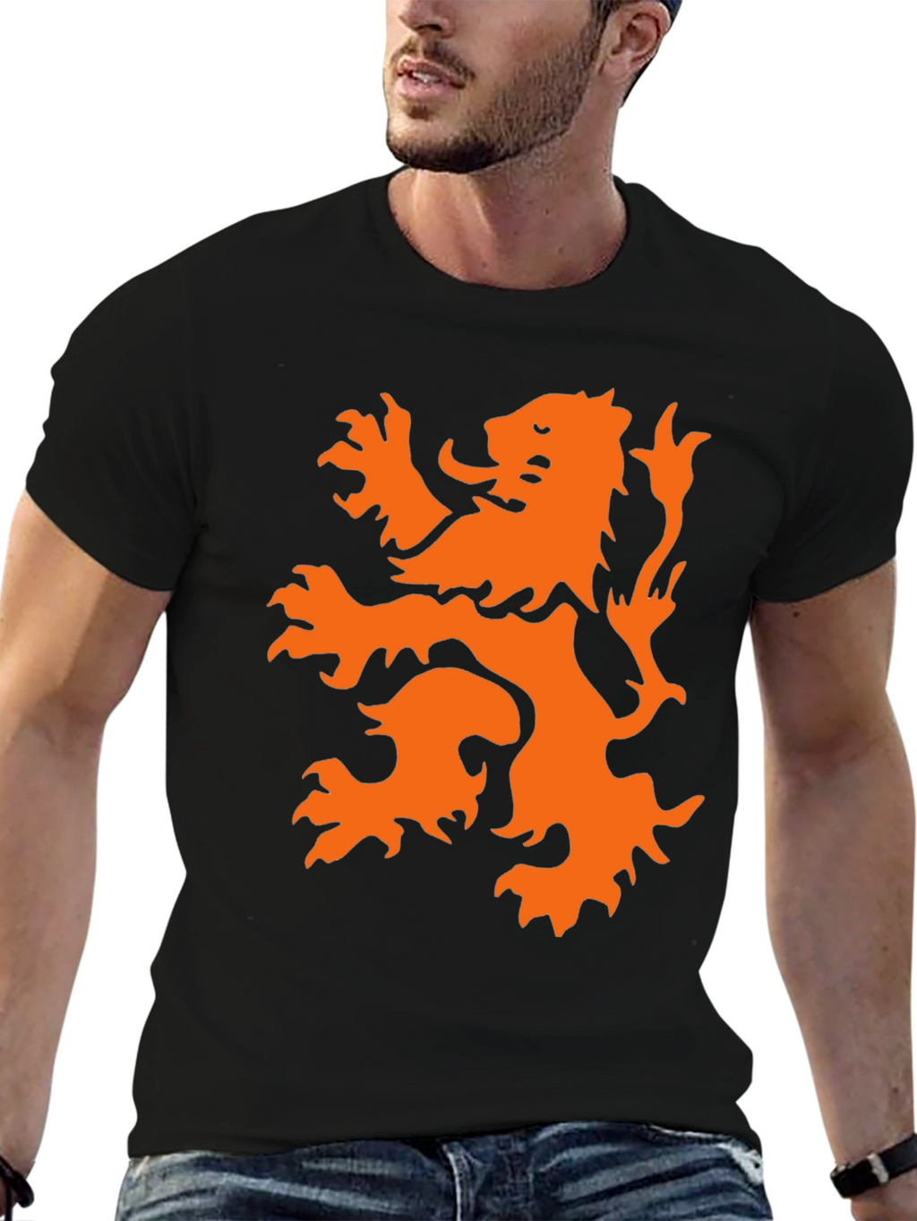 Black T-Shirt with Orange Lion Graphic