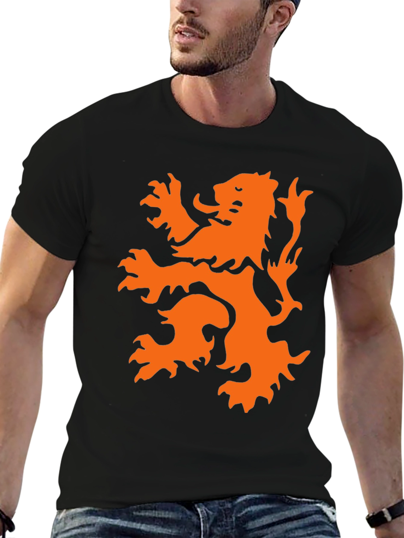 Black T-Shirt with Orange Lion Graphic
