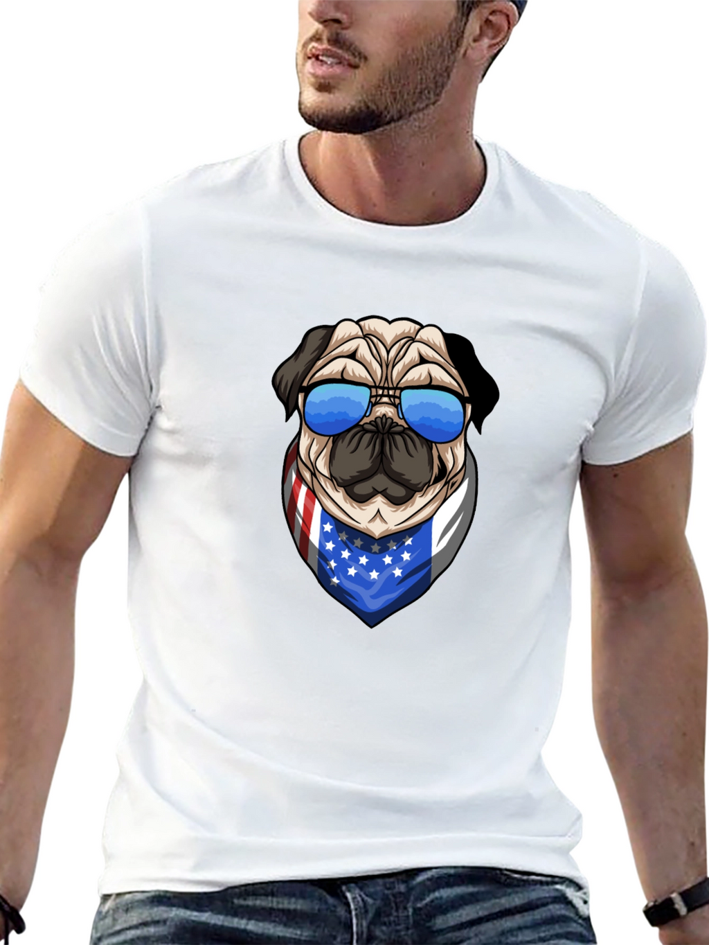 Pug in Shades USA Flag Bandana Graphic Tee