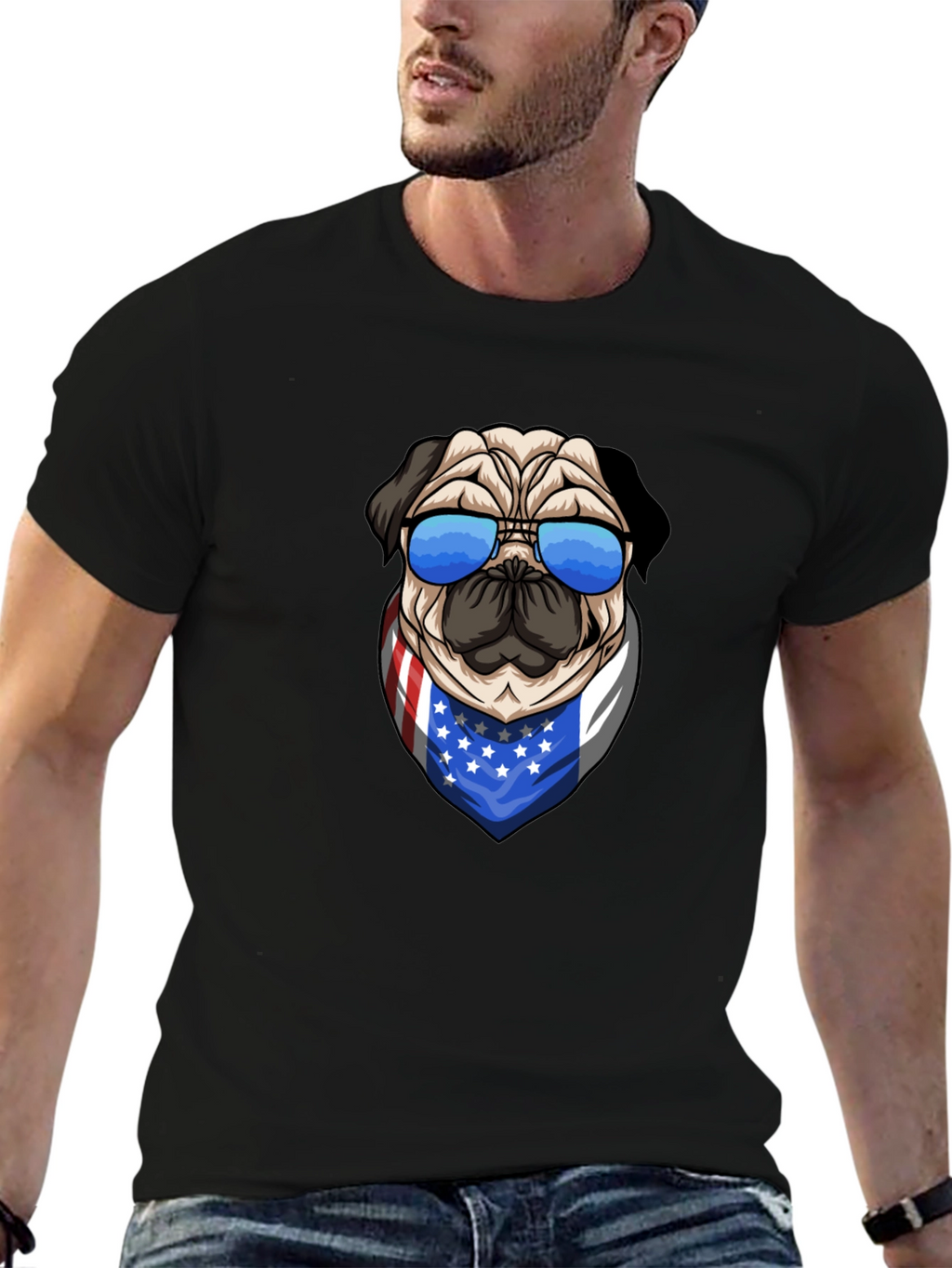 Pug in Shades USA Flag Bandana Graphic Tee
