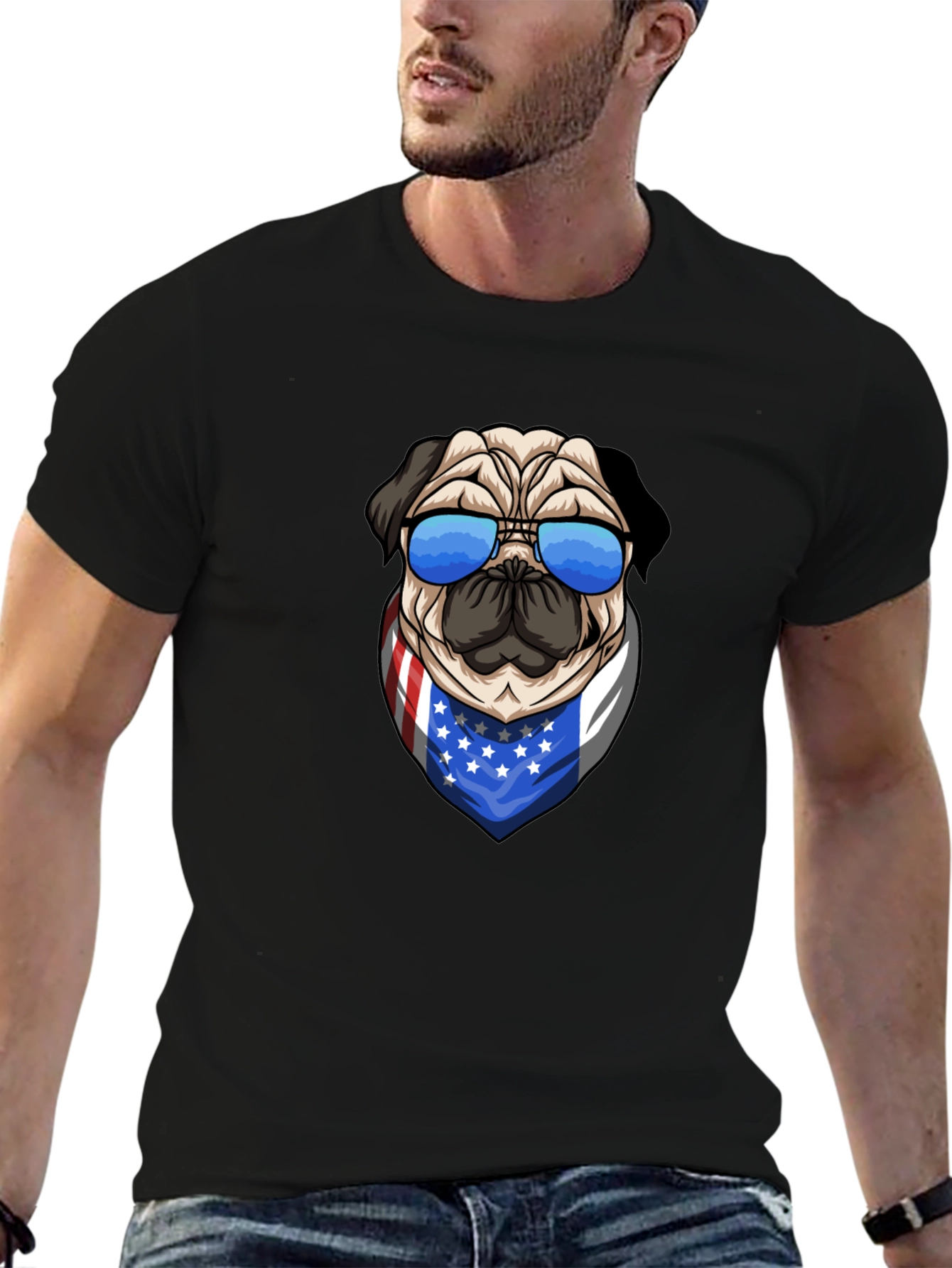 Pug in Shades USA Flag Bandana Graphic Tee
