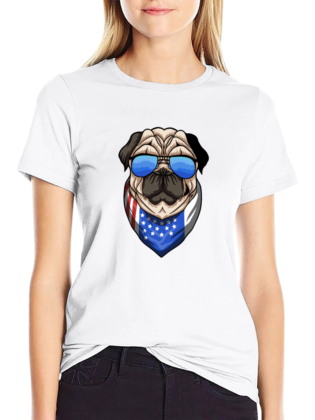 Pug in Shades USA Flag Bandana Graphic Tee