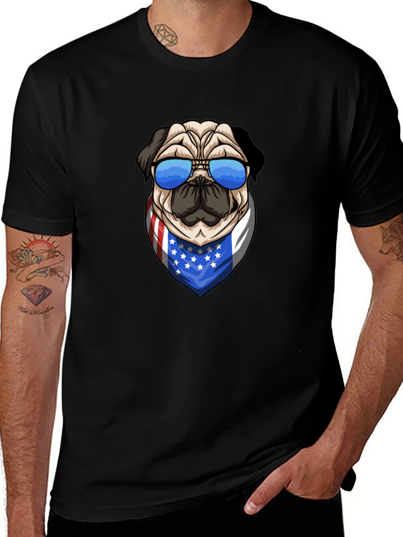 Pug in Shades USA Flag Bandana Graphic Tee