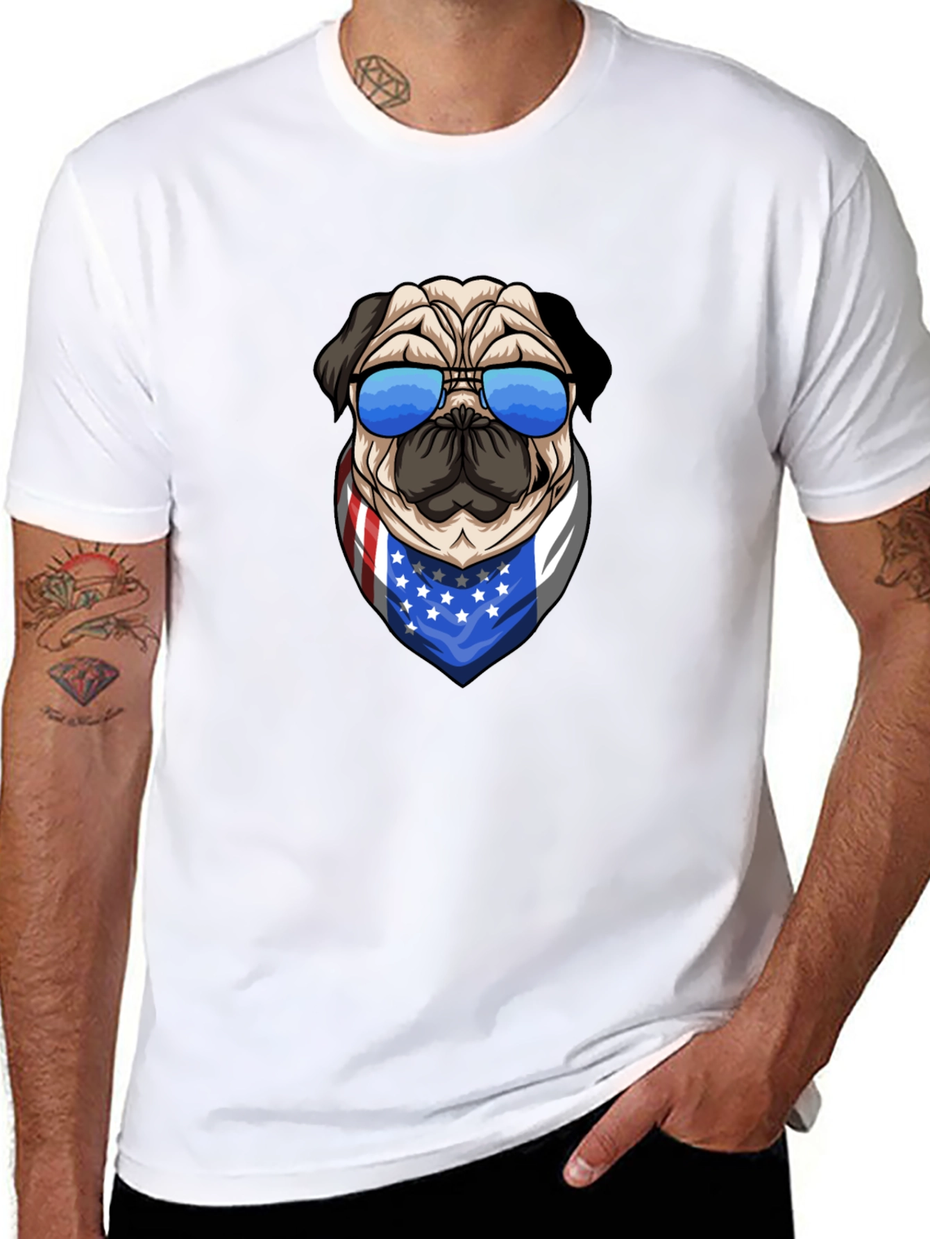 Pug in Shades USA Flag Bandana Graphic Tee