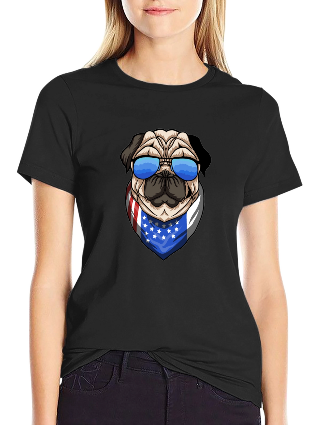 Pug in Shades USA Flag Bandana Graphic Tee