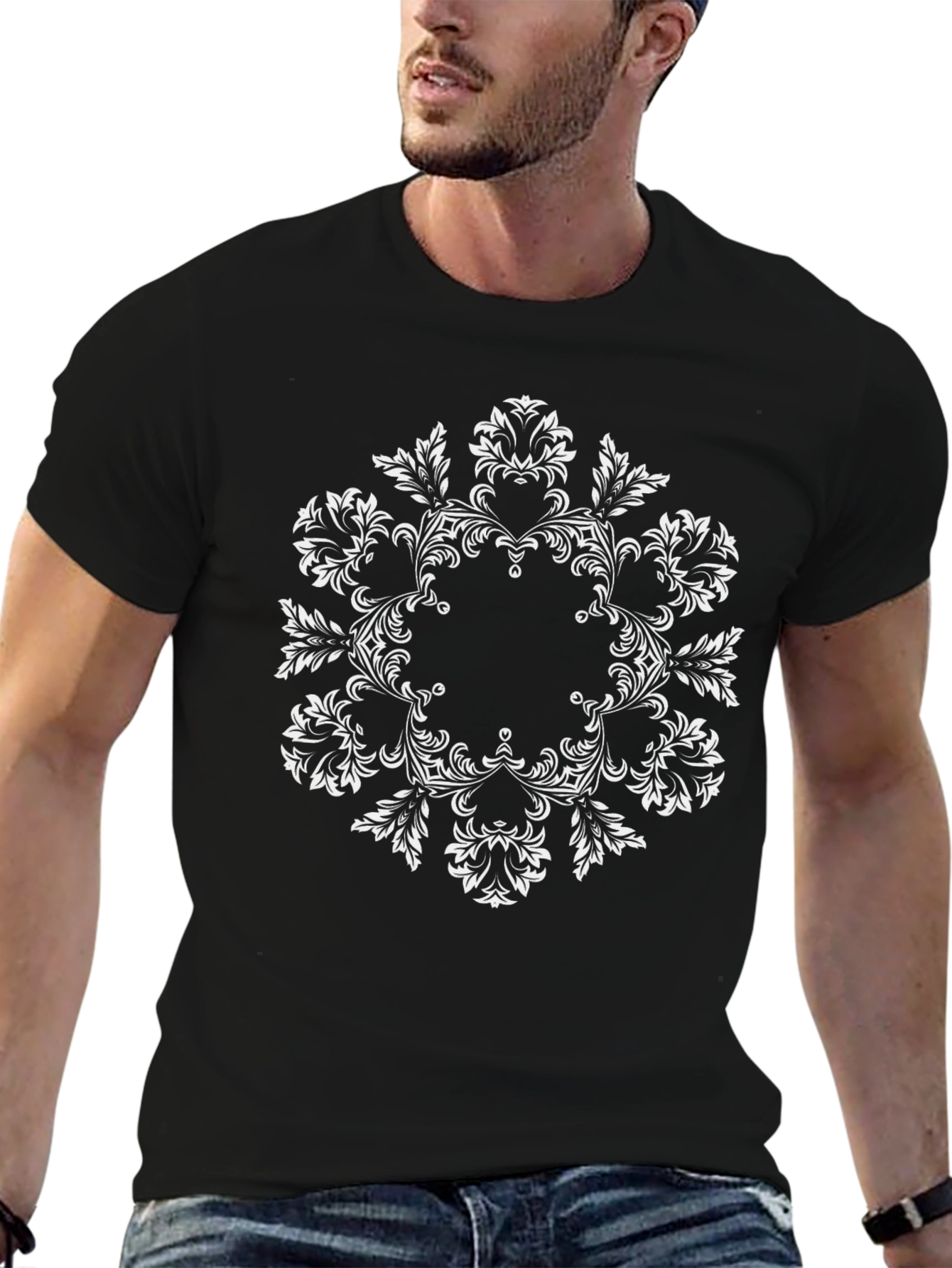 Elegant Floral Mandala Graphic Tee - Black