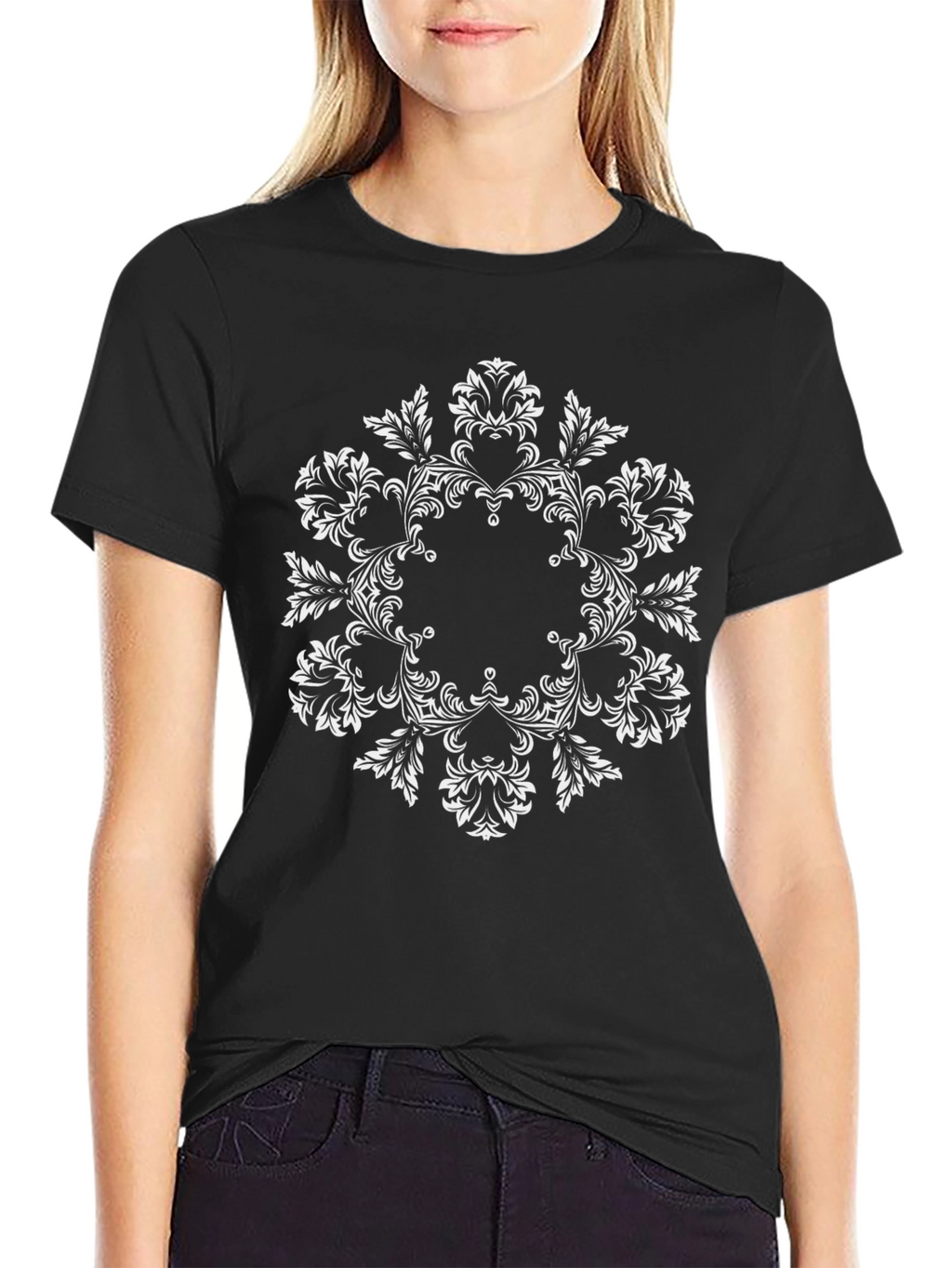 Elegant Floral Mandala Graphic Tee - Black