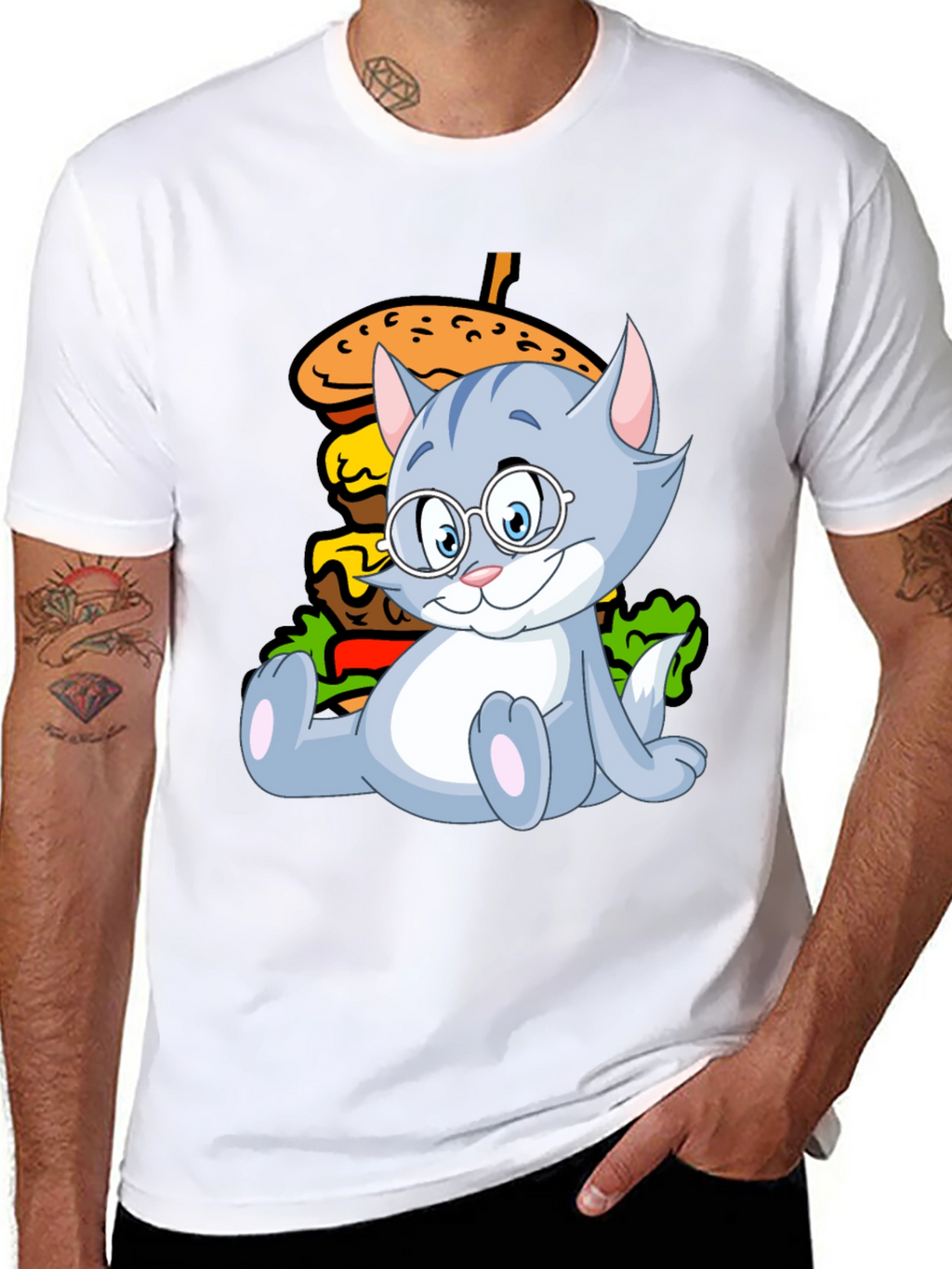 Cat and Burger Graphic Black T-Shirt